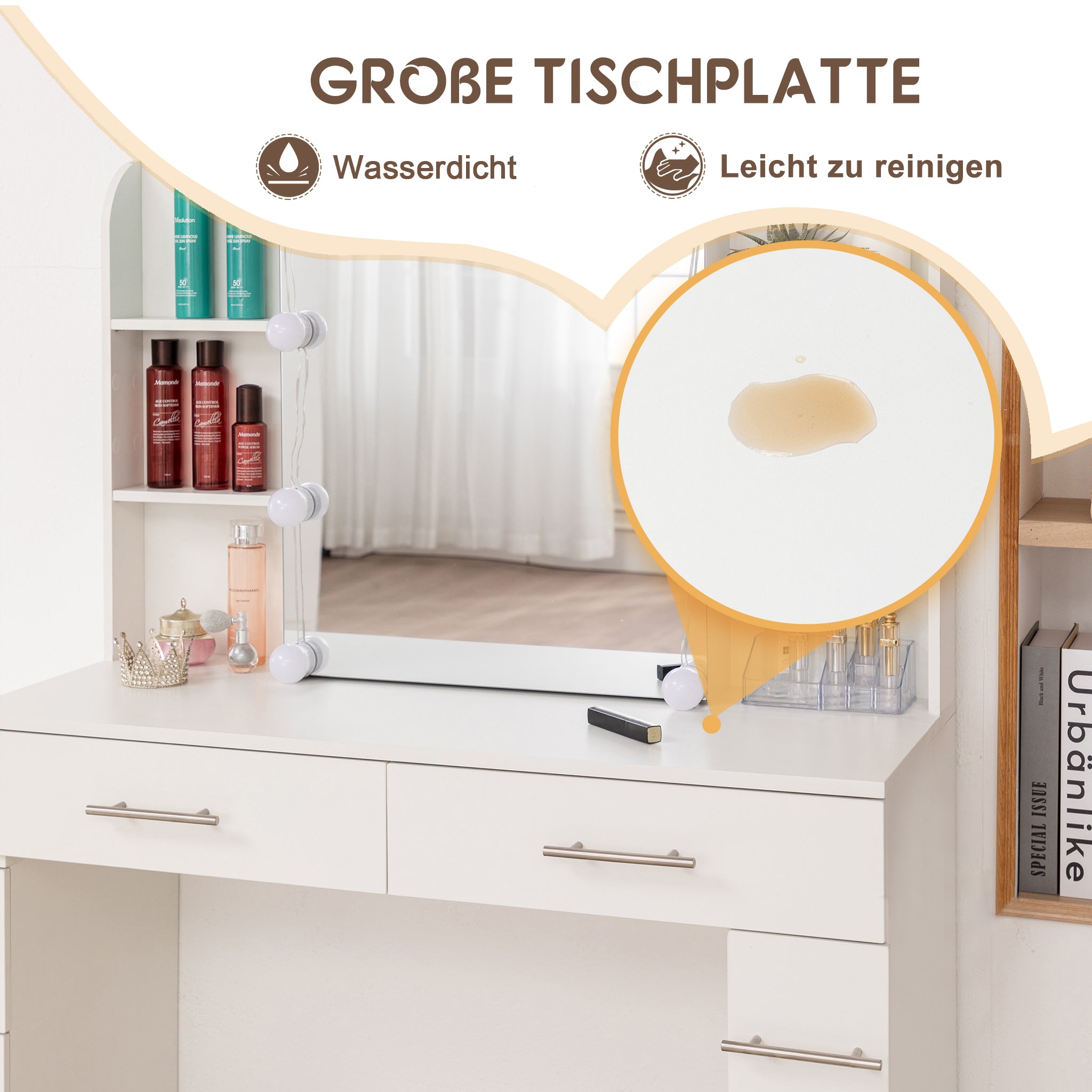 Dressing Table Vanity with Mirror, Drawer, LED Lighting