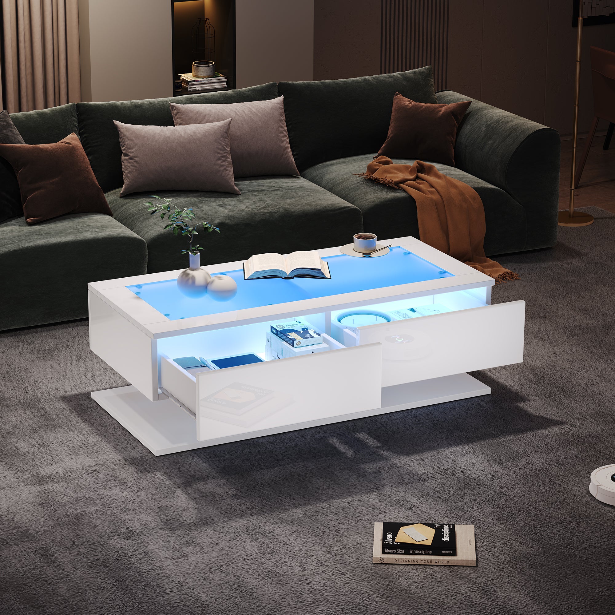Coffee Table 100x50x35cm, High-Gloss with Drawers, LED Light & Glass Top, White