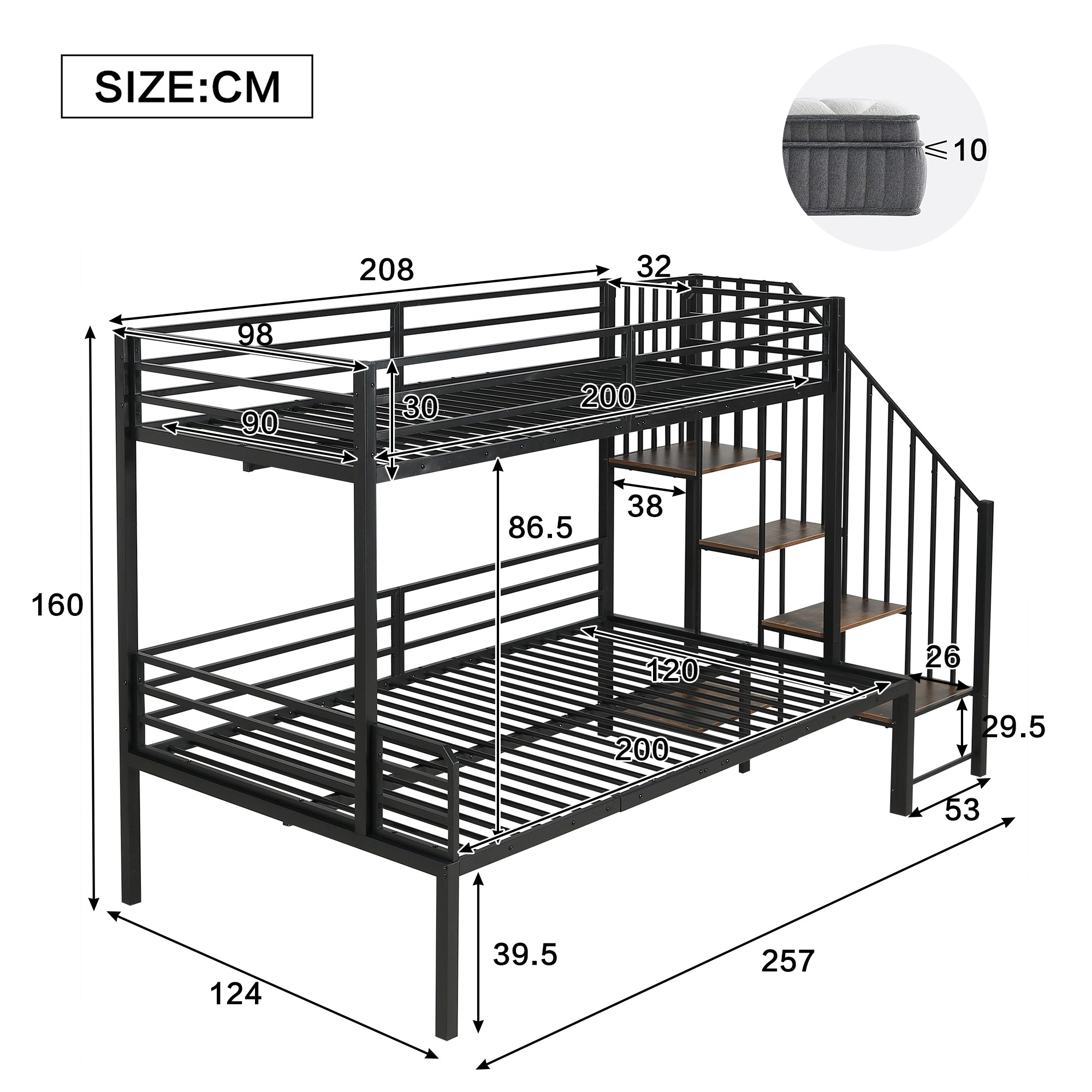 Iron Bunk Bed with Storage Ladder Wardrobe, 90x200cm & 120x200cm, Black+Vintage Wood Iron+MDF