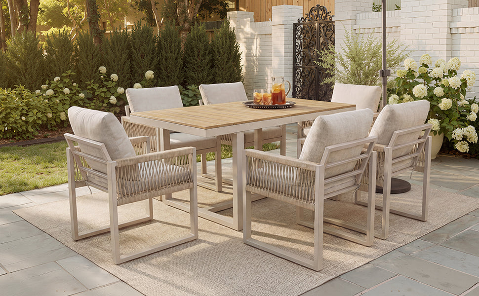 7-Piece Garden Dining Set with 1 Table and 6 Rope Weave Chairs, Weatherproof Cushions, Beige