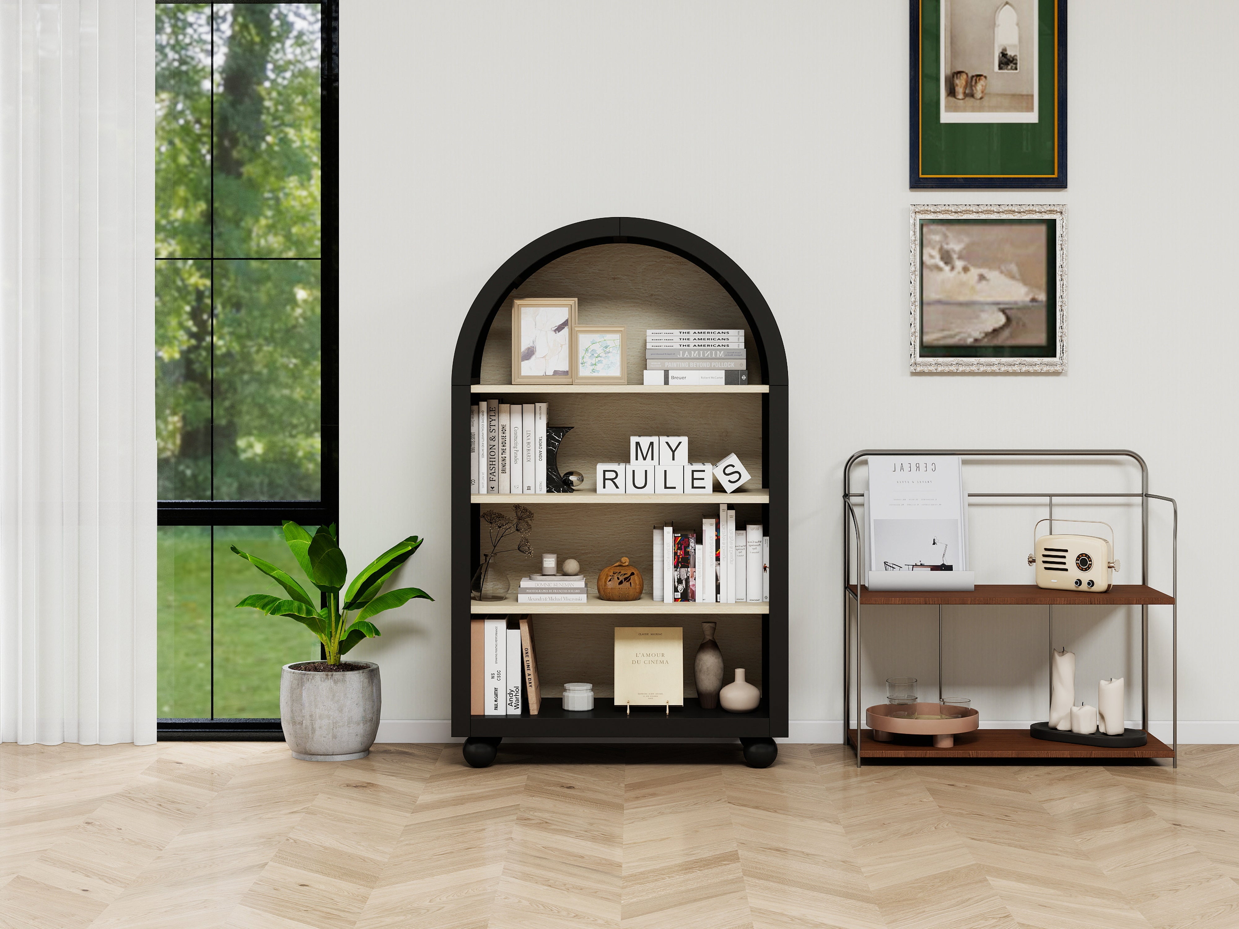 Black arched bookcase, 120cm high, four tiers, modern design