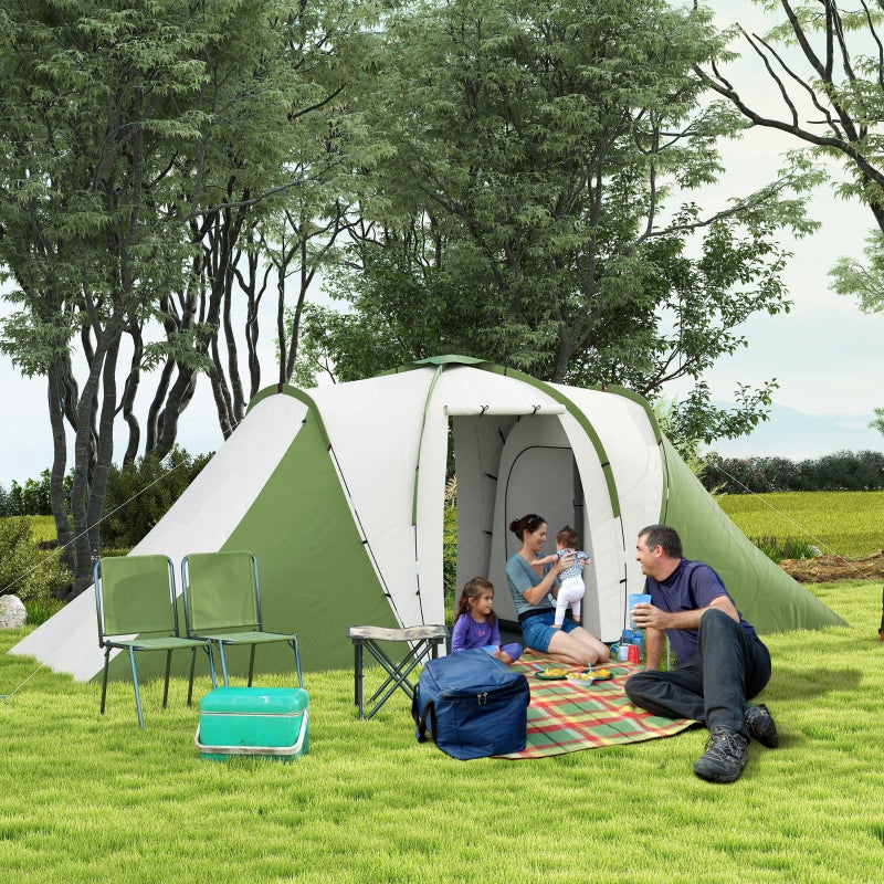 Large Camping Tent Tunnel, 2 Bedroom Living Area 2000mm Waterproof 4-6 Man, Green