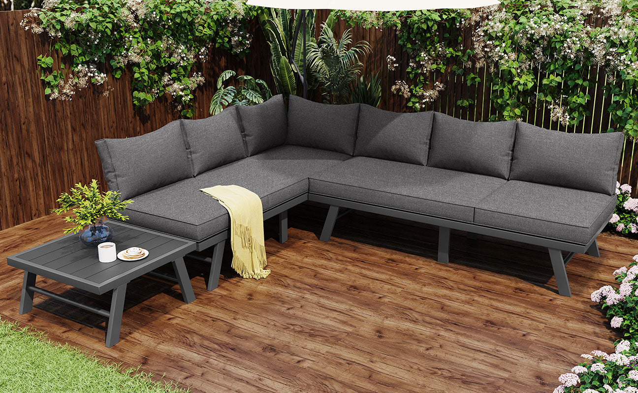 Garden furniture set lounge chair set 5-6 people 2 3-seater sofas 1 table with 7 gray cushions dark gray galvanized iron