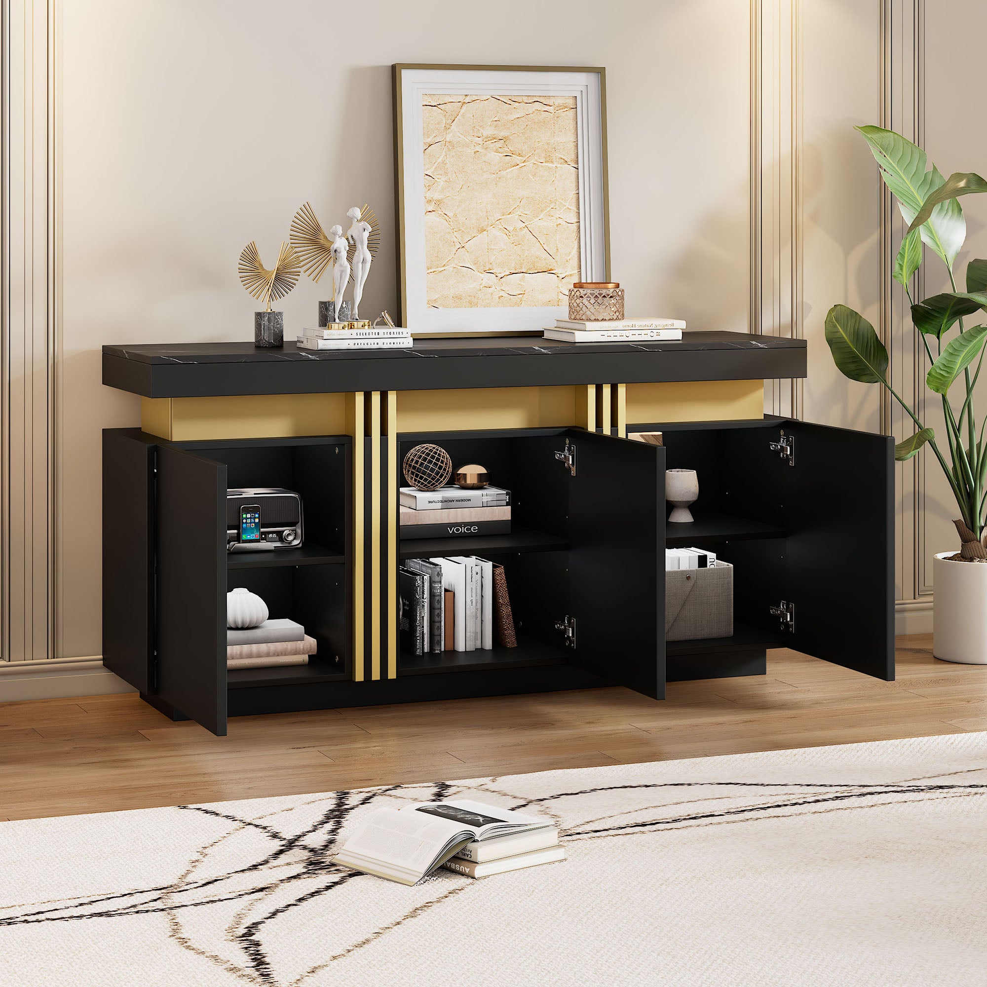 Sideboard, Display Cabinet with 3 Doors, Adjustable Dividers, Black and Gold