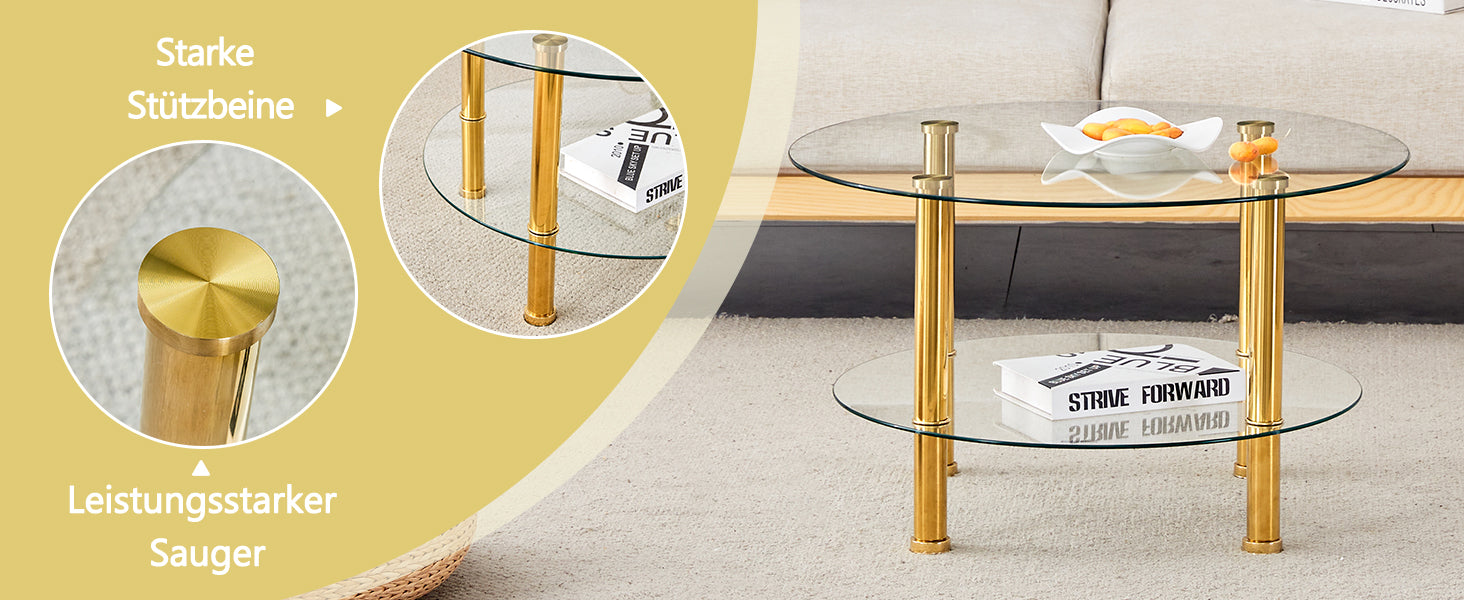 Coffee Table 2-Tiered Glass Gold Metal Legs