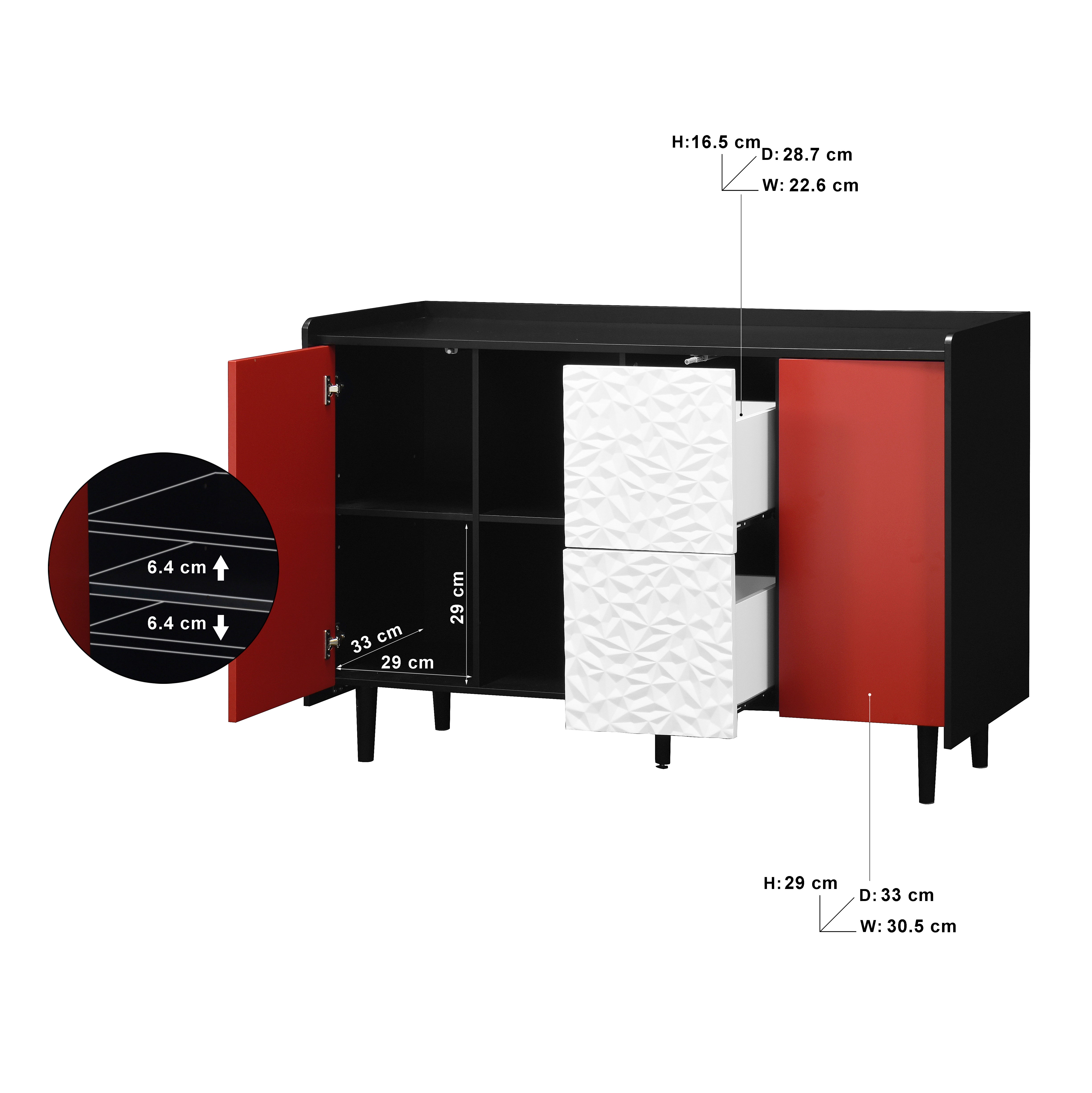 Sideboard Buffet Cabinet with 2 Drawers & Open Storage, Panel Styling - Black/Red