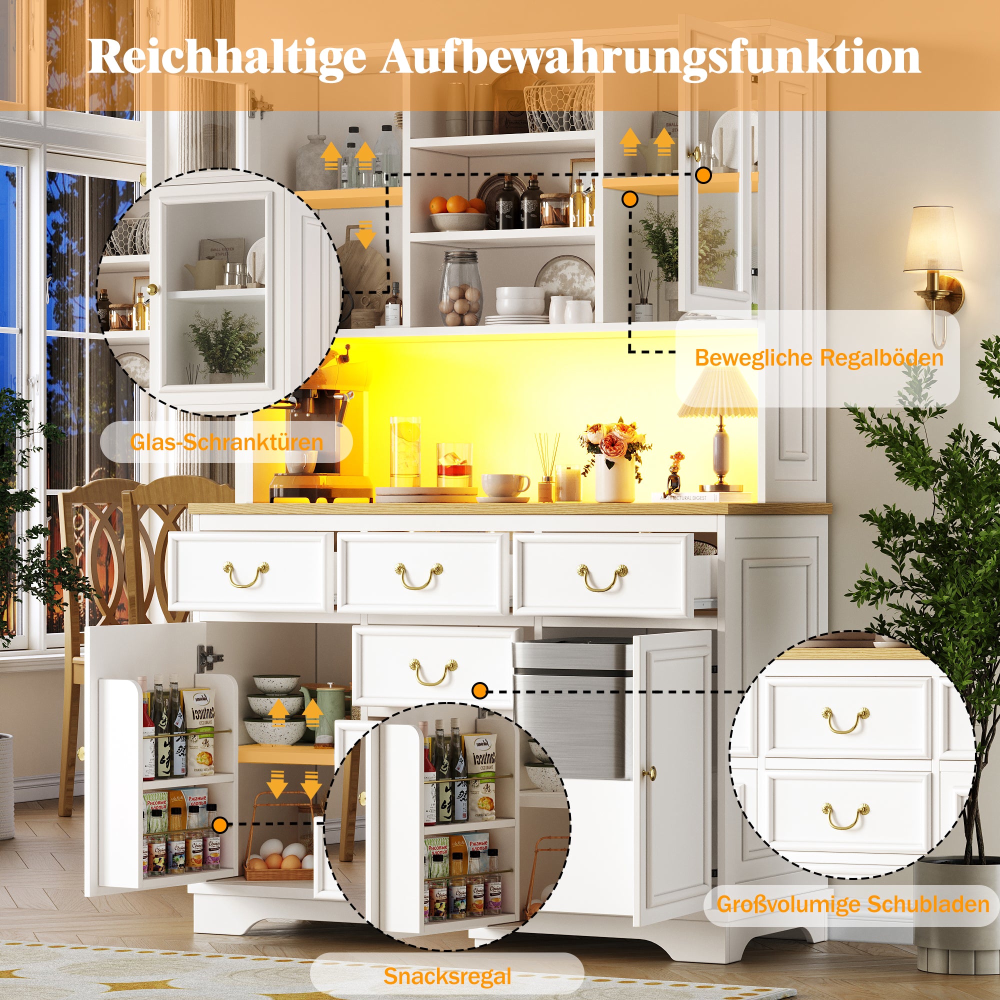 Tall Kitchen Cabinet Sideboard with USB Ports, Sockets and LED Lighting, White