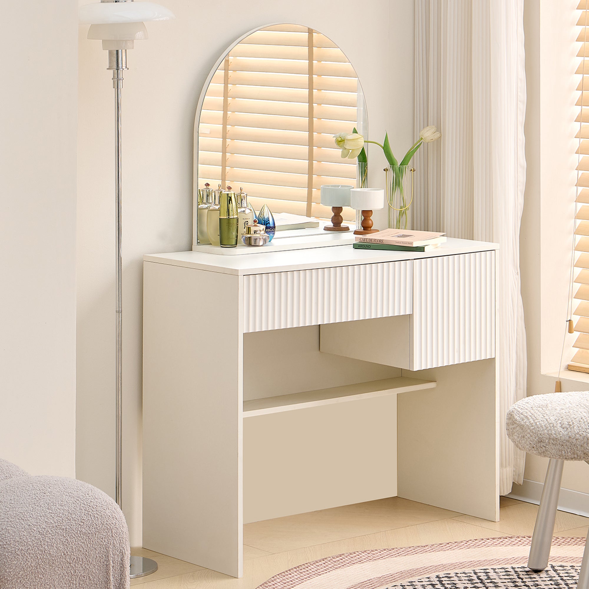 Dressing Table with Mirror, Drawers & Open Shelves - White