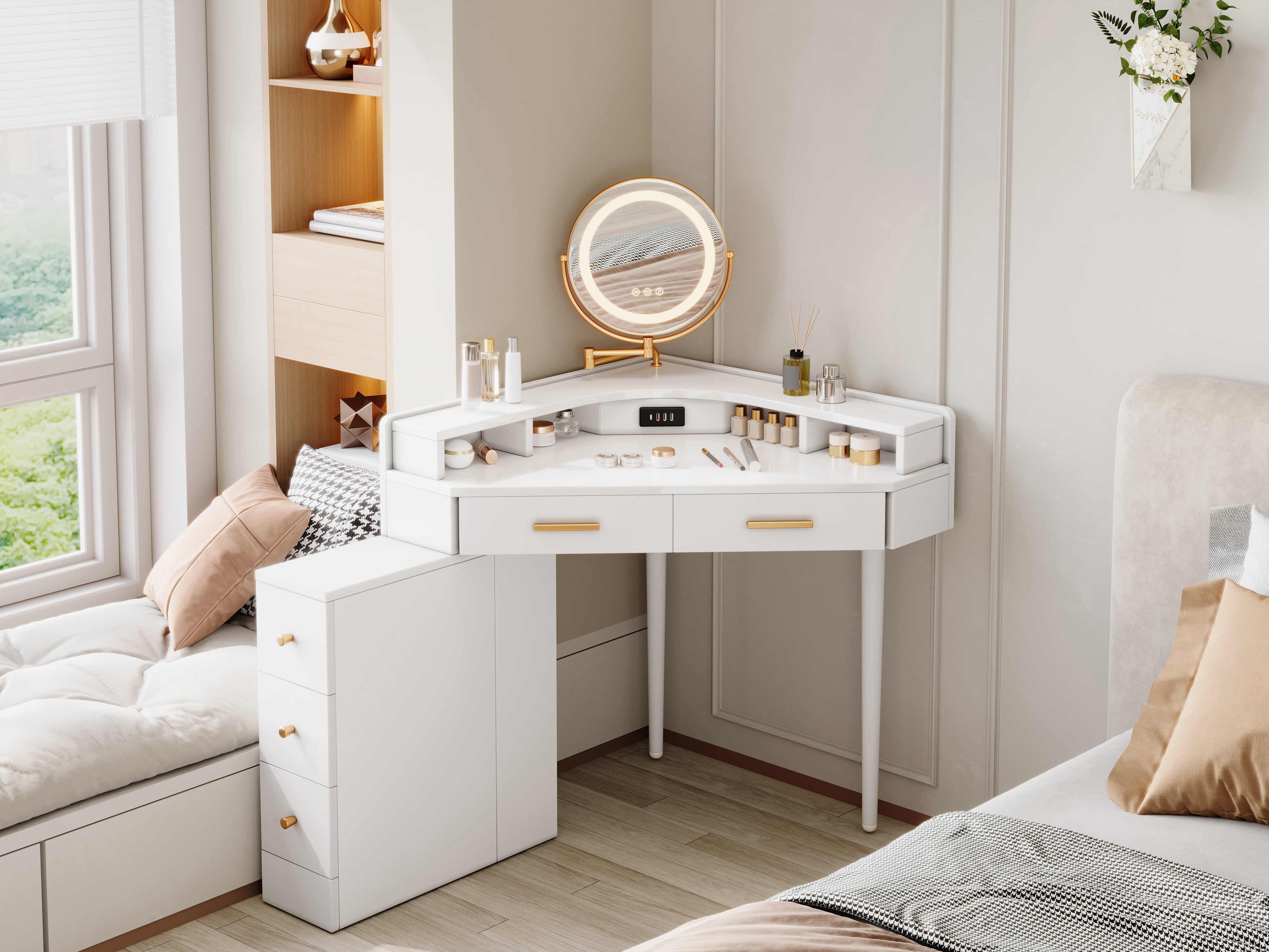 Corner Dressing Table Rotating LED Mirror 5 Drawers USB-C Ports White