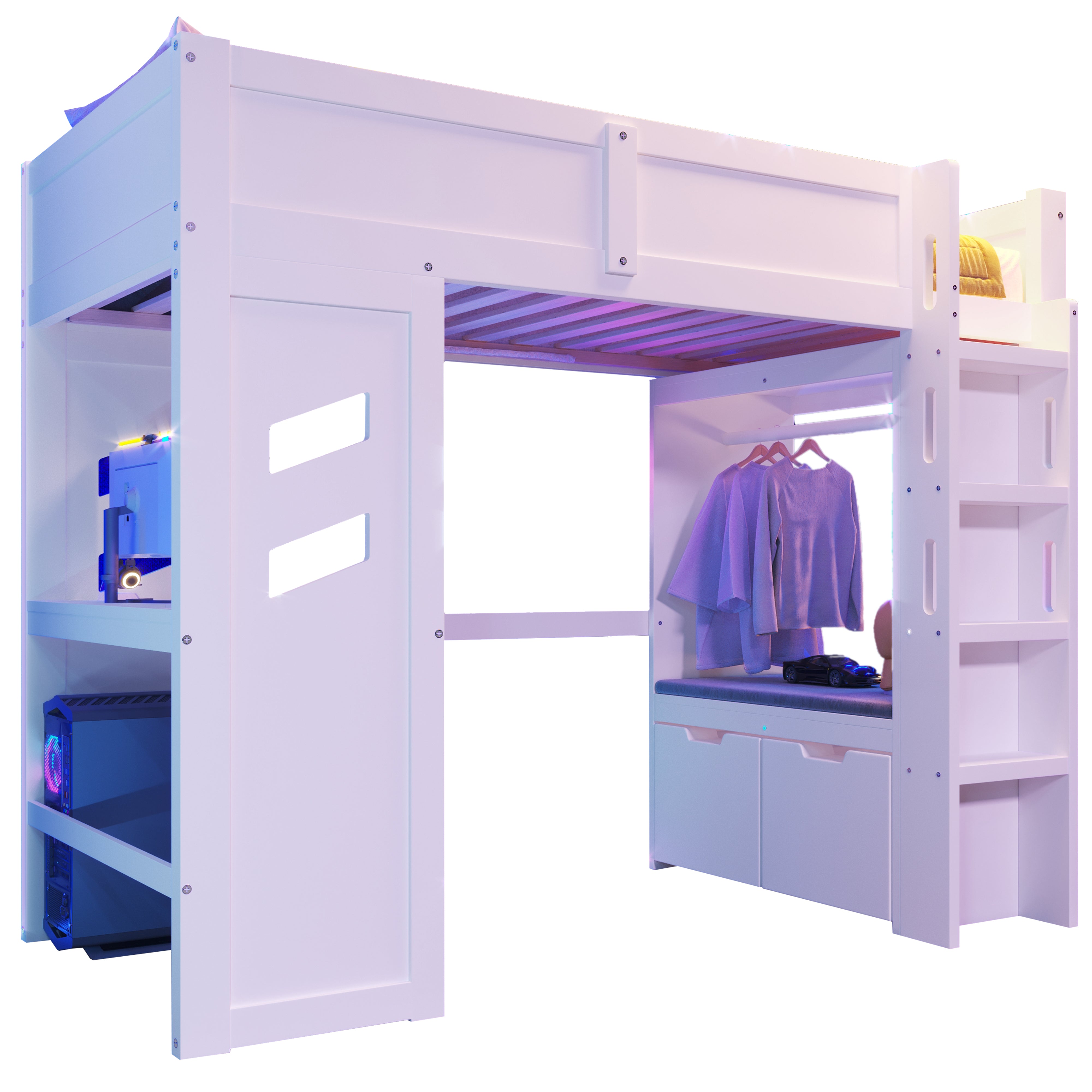 Loft Bed 90x200cm Gaming Bed Desk LED USB/Type-C Drawer Clothes Rack White