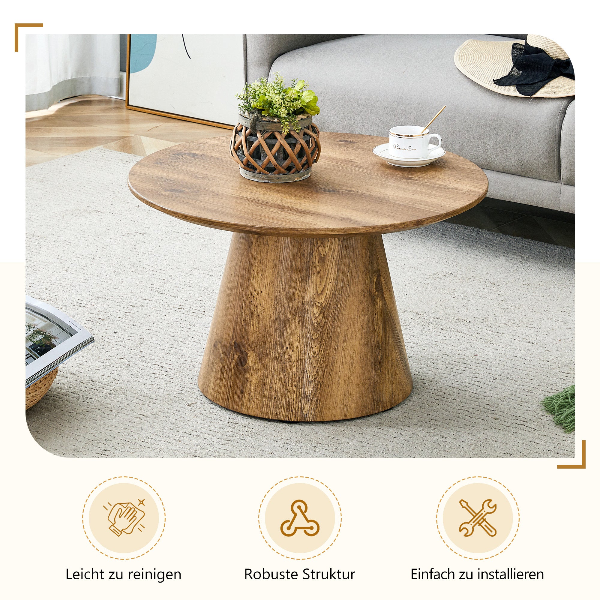Round Coffee Table 60cm Diameter Side Table - Natural Wood Look (MDF)