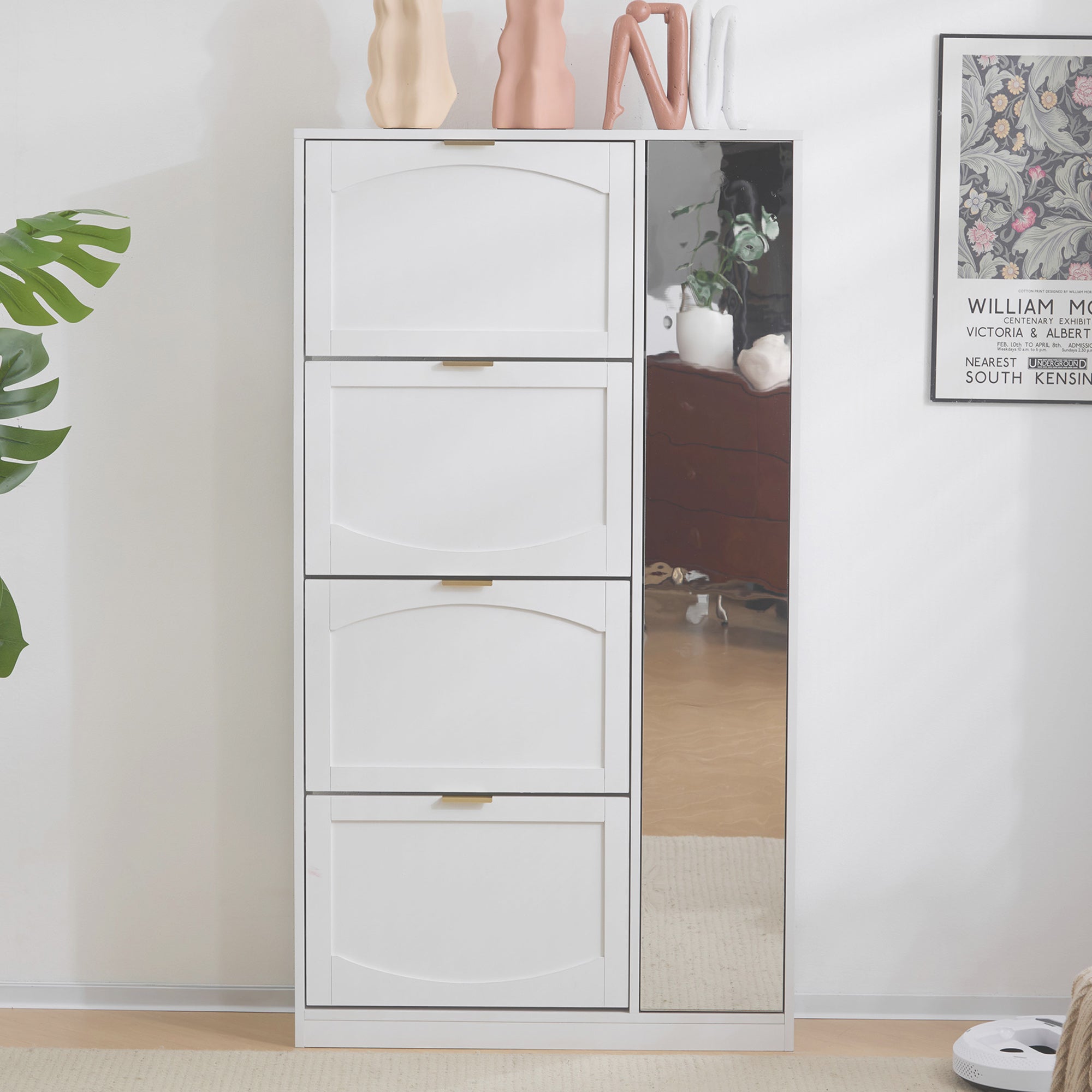 Modern Shoe Cabinet with Mirror, 4 Fold-Down Compartments, Adjustable Shelf, White