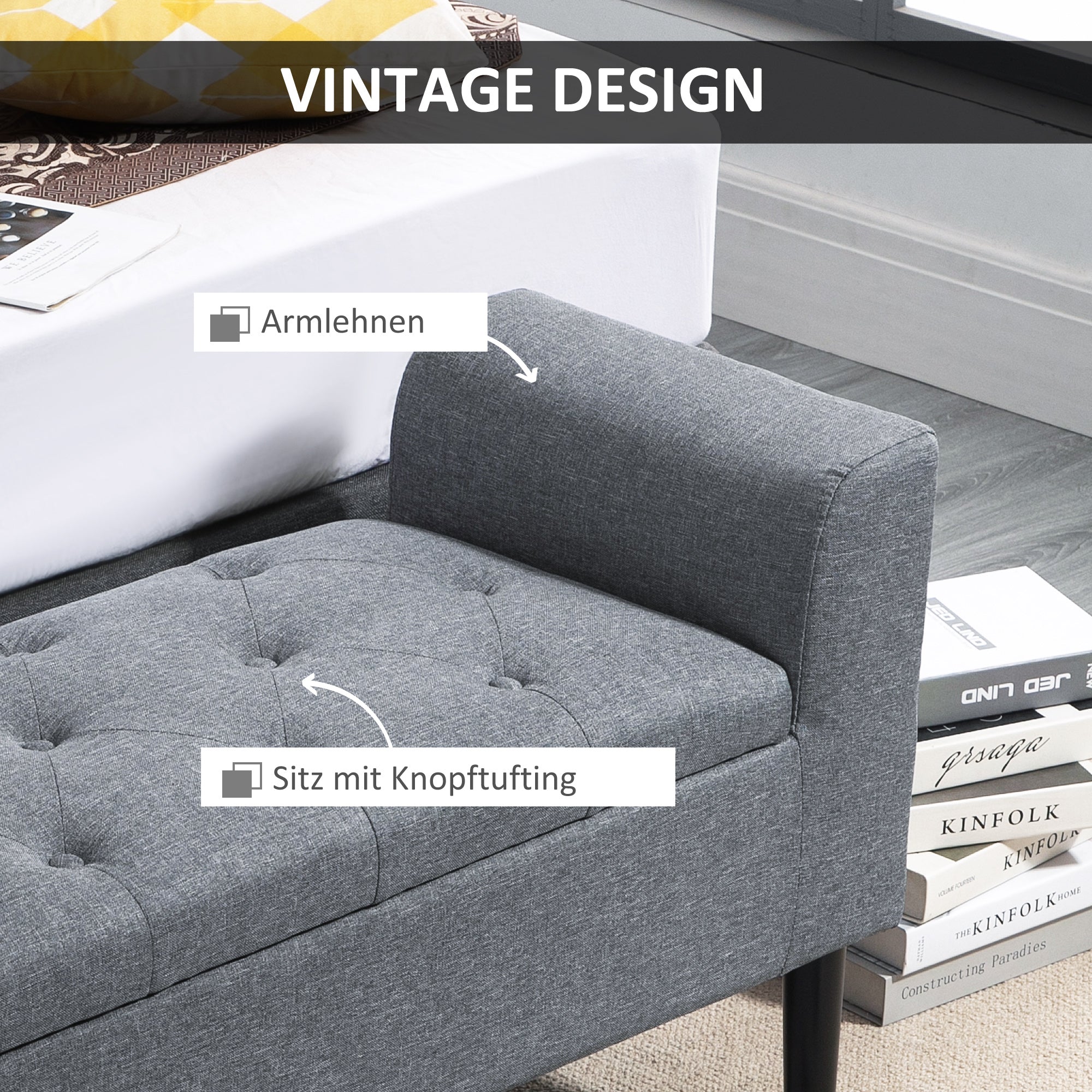 Storage Bench, Upholstered with Wooden Legs, Light Grey