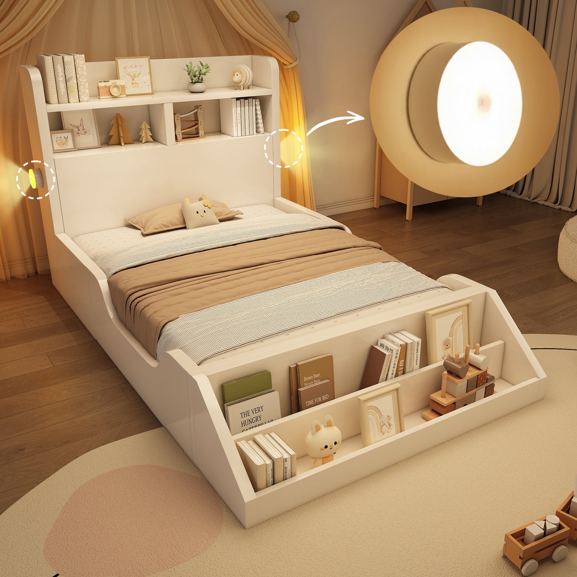 Wooden Single Bed with Shelves, Nightlights and Removable Bookshelf, White