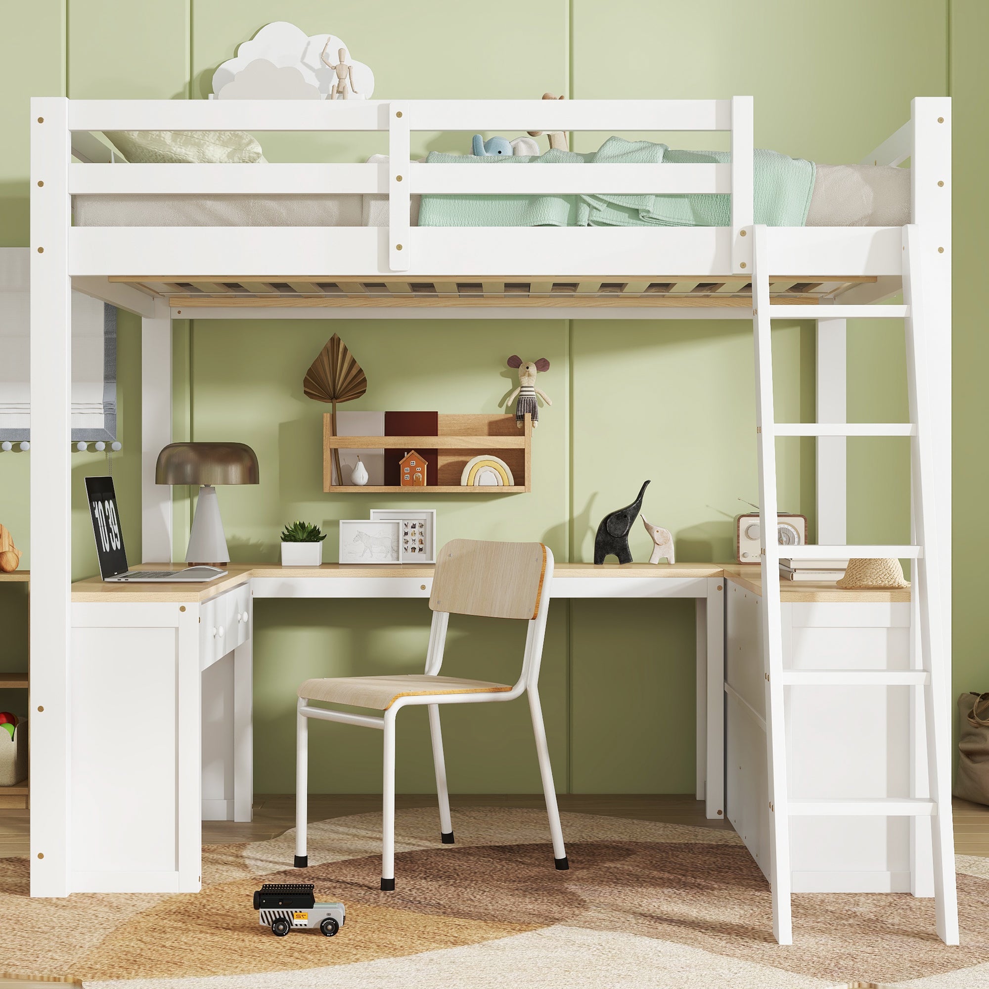 Loft Bed with U-Shaped Desk, Storage Shelf, 140x200cm, White Pine/MDF