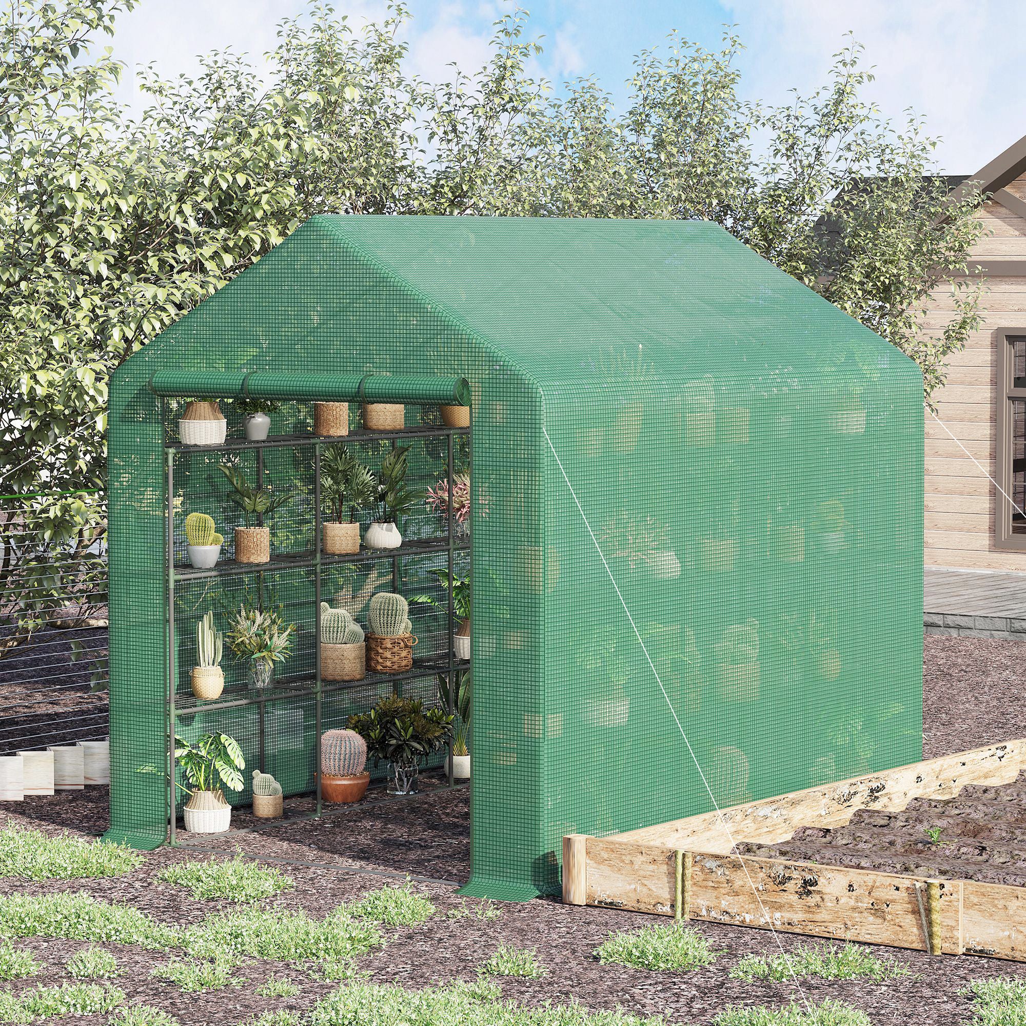 Walk-in Greenhouse, Portable Grow House with 4 Tier 24 Shelves Roll-up Zipped Door, Green