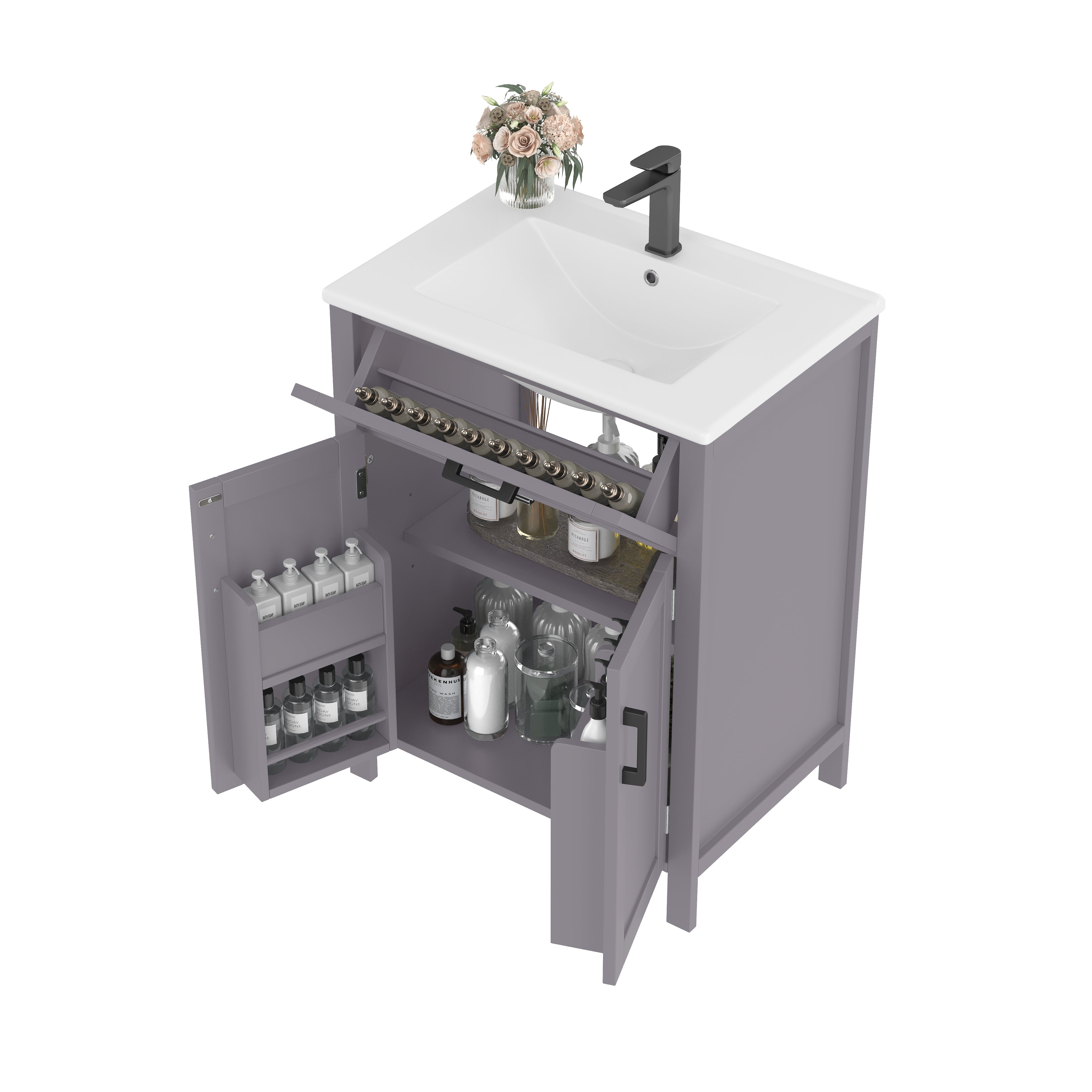 Bathroom Vanity Unit with Integrated Ceramic Sink and Storage Shelves, Grey