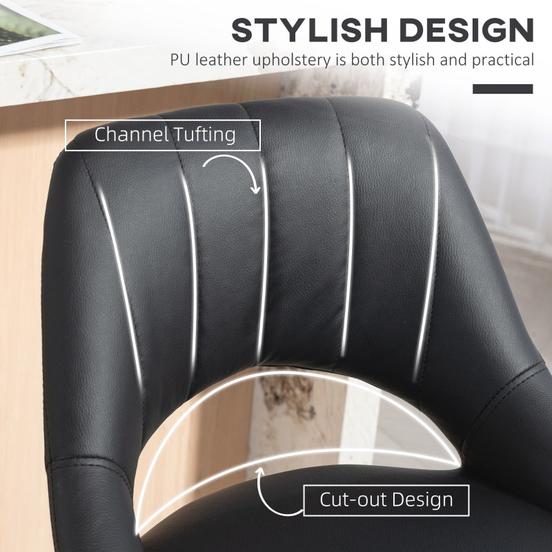 Set of Two Bar Stools, Adjustable Swivel Padded Seat, Faux Leather Black