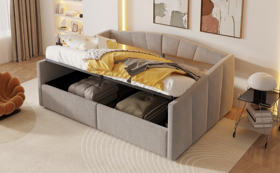 Upholstered Sofa Bed, 140x200cm Hydraulic Storage Slatted Frame Armrests, Light Grey Velvet