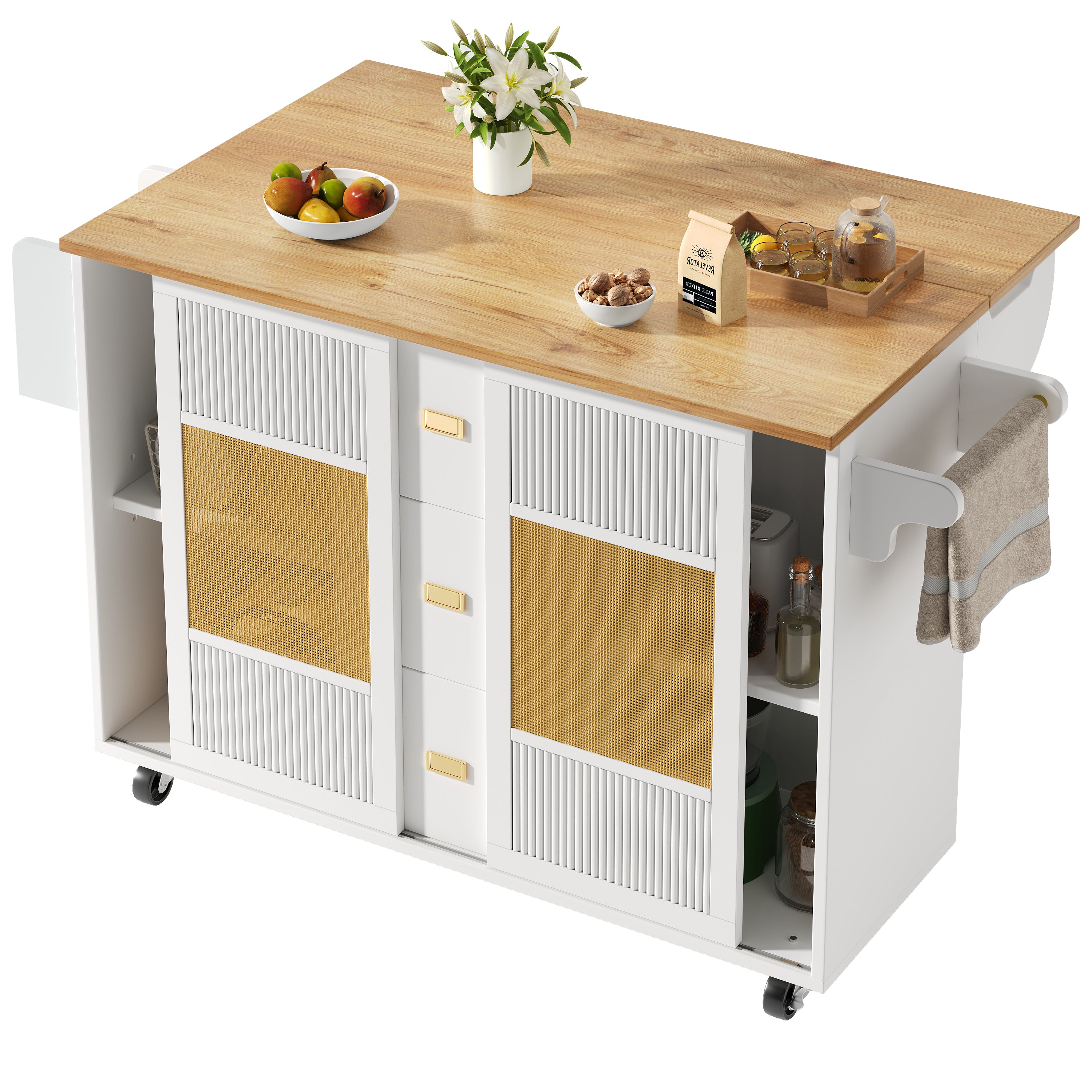 Kitchen Island Extendable with Wheels, Adjustable Shelves & Storage - White