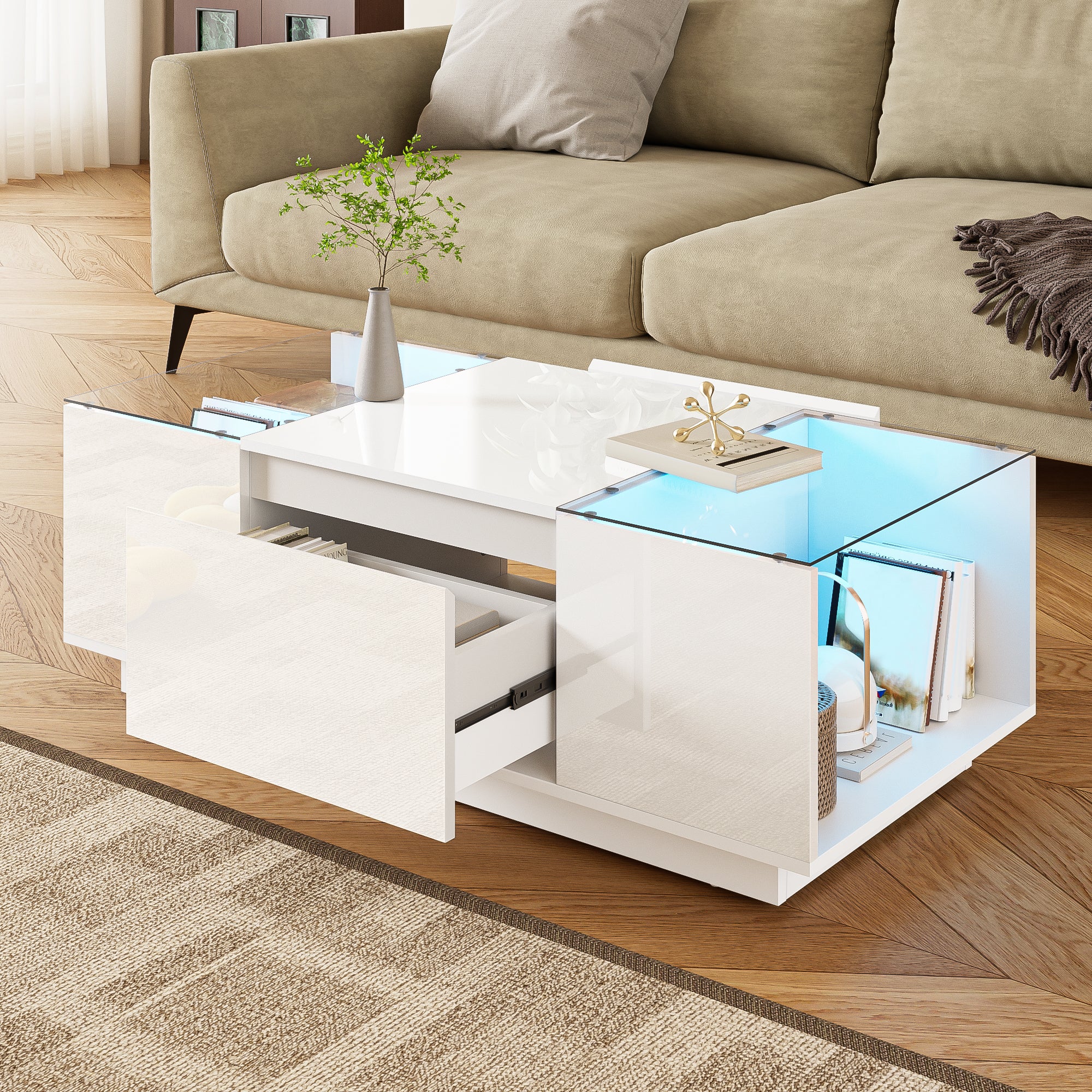 Coffee Table Modern Minimalist 105cm, Storage, LED, Glass Top, 2 Drawers
