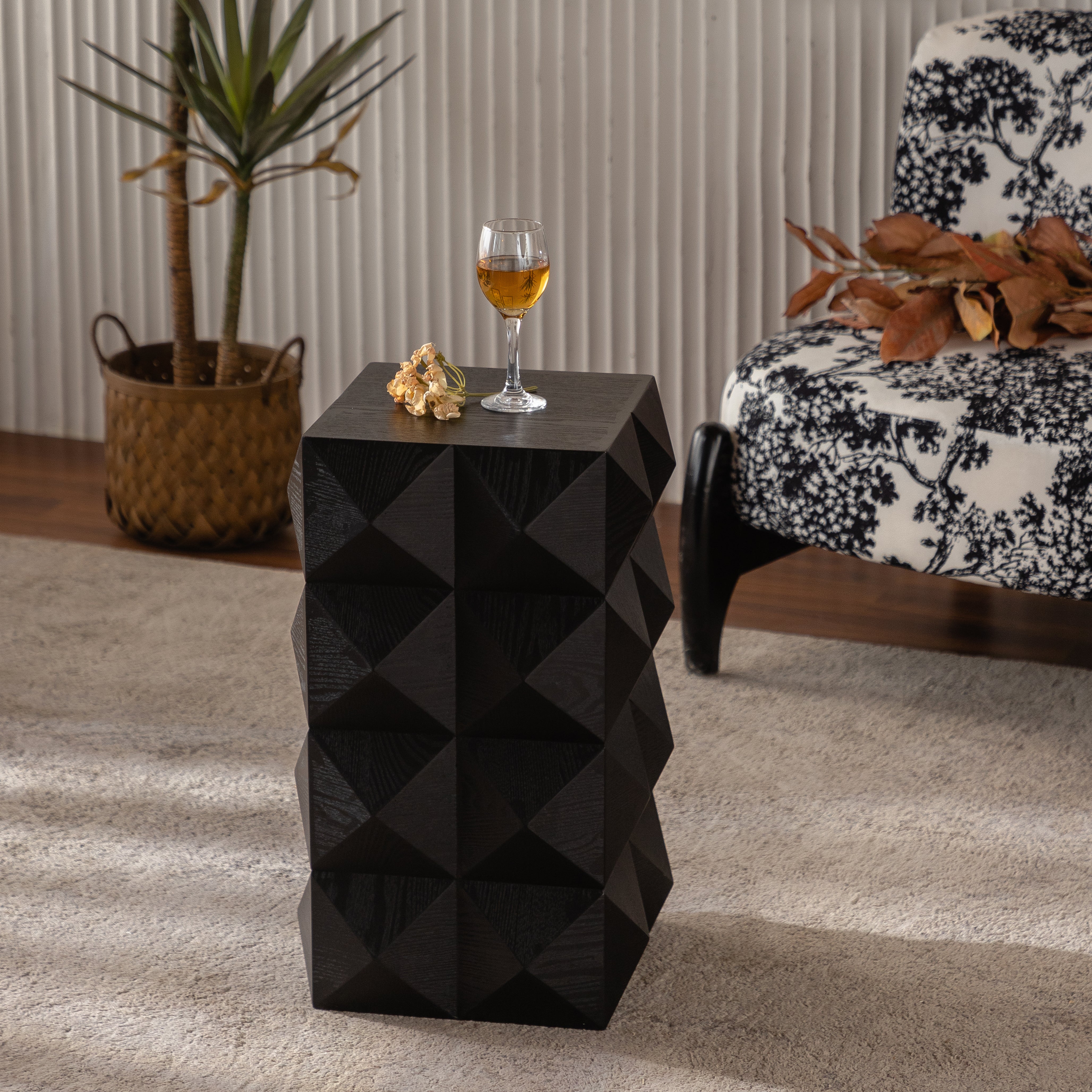 Retro Side Table - 60CM Height, Embossed Pattern, Wooden, Black