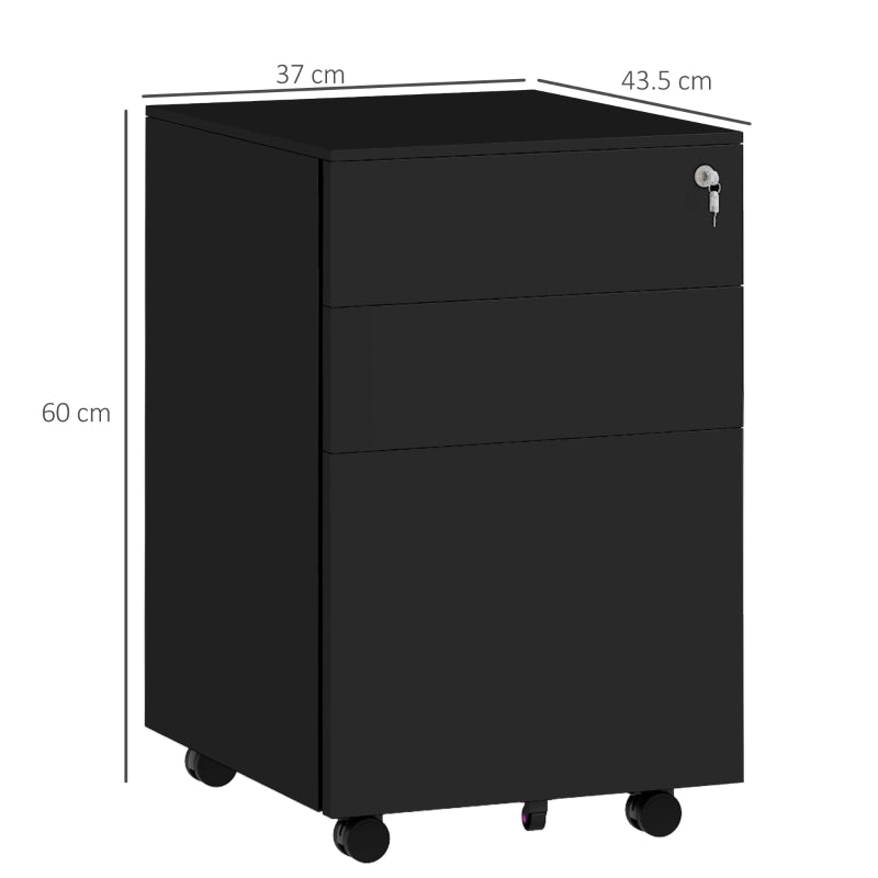 3-Drawer Vertical Filing Cabinet, Mobile with Lock and Wheels, Steel, Black