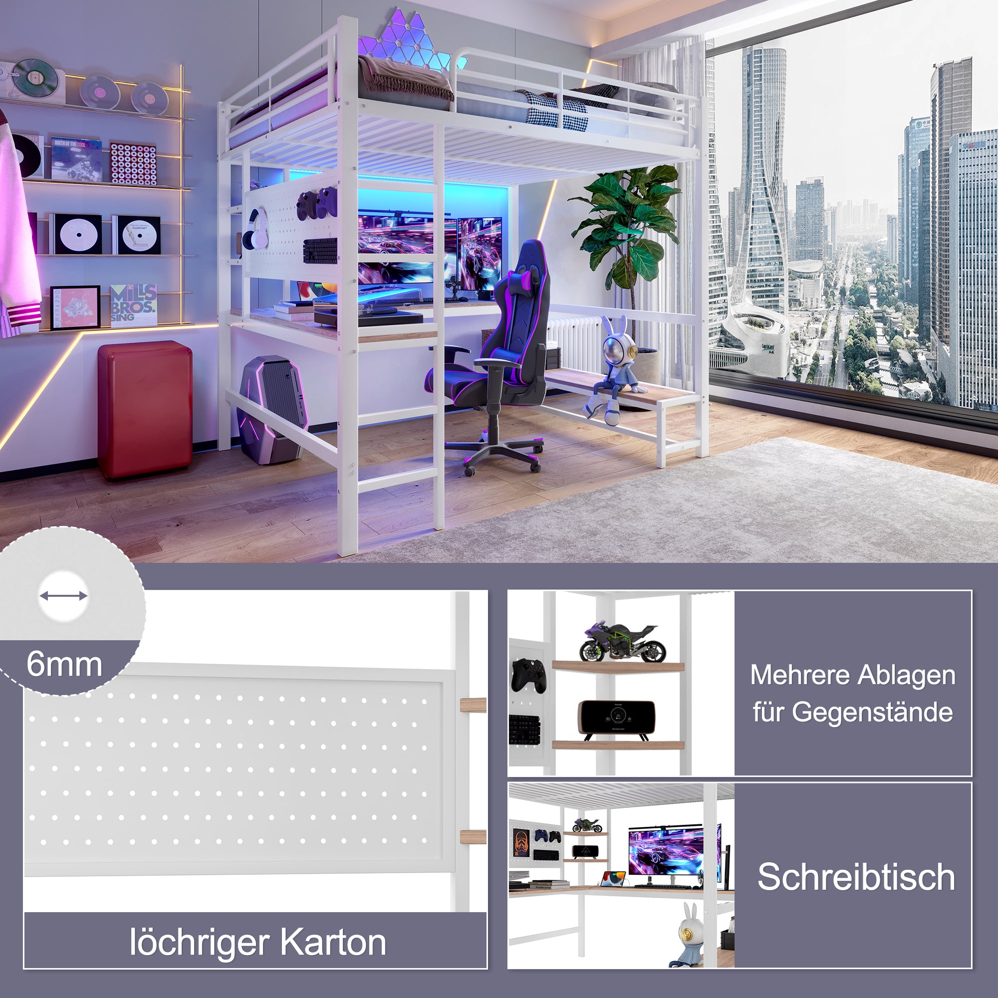 Loft Bed 140x200cm Desk Storage LED USB/Type-C Pegboard - White Iron Frame