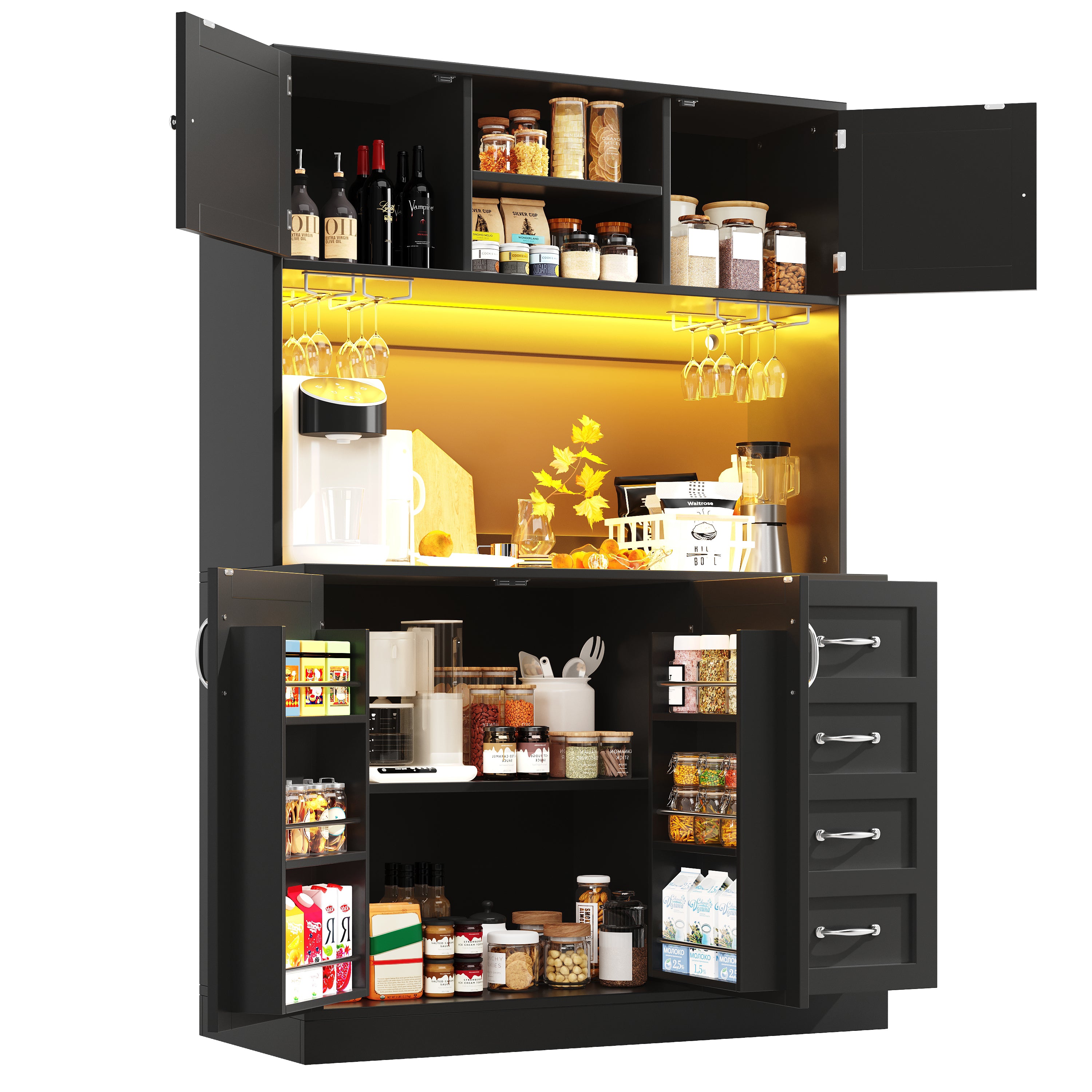 Sideboard Buffet Cabinet with LED Lighting and Snack Shelf, Green, Black and White