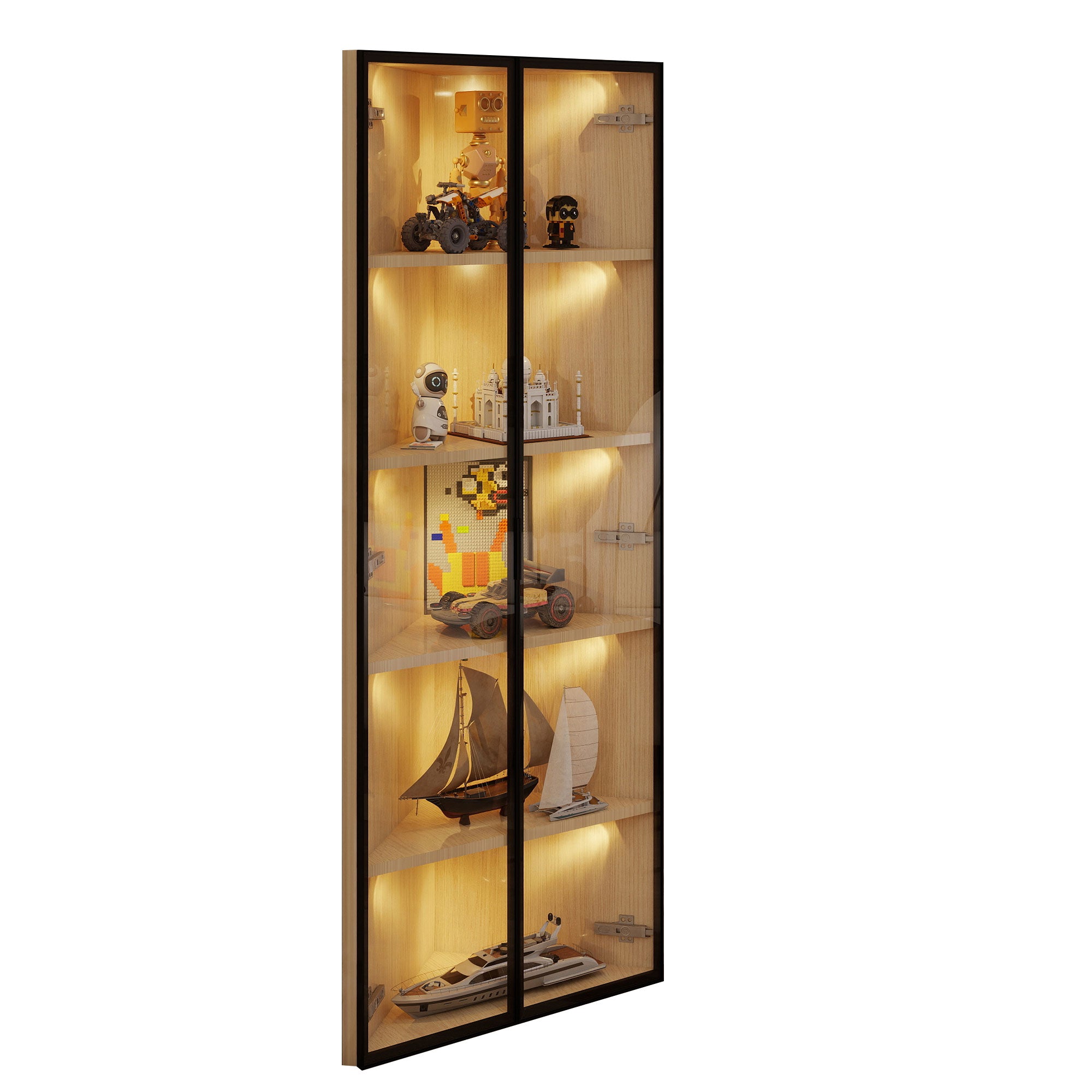 LED Glass Display Case 62x35x160cm Corner Cabinet with Light Strip, Tempered Glass, Oak