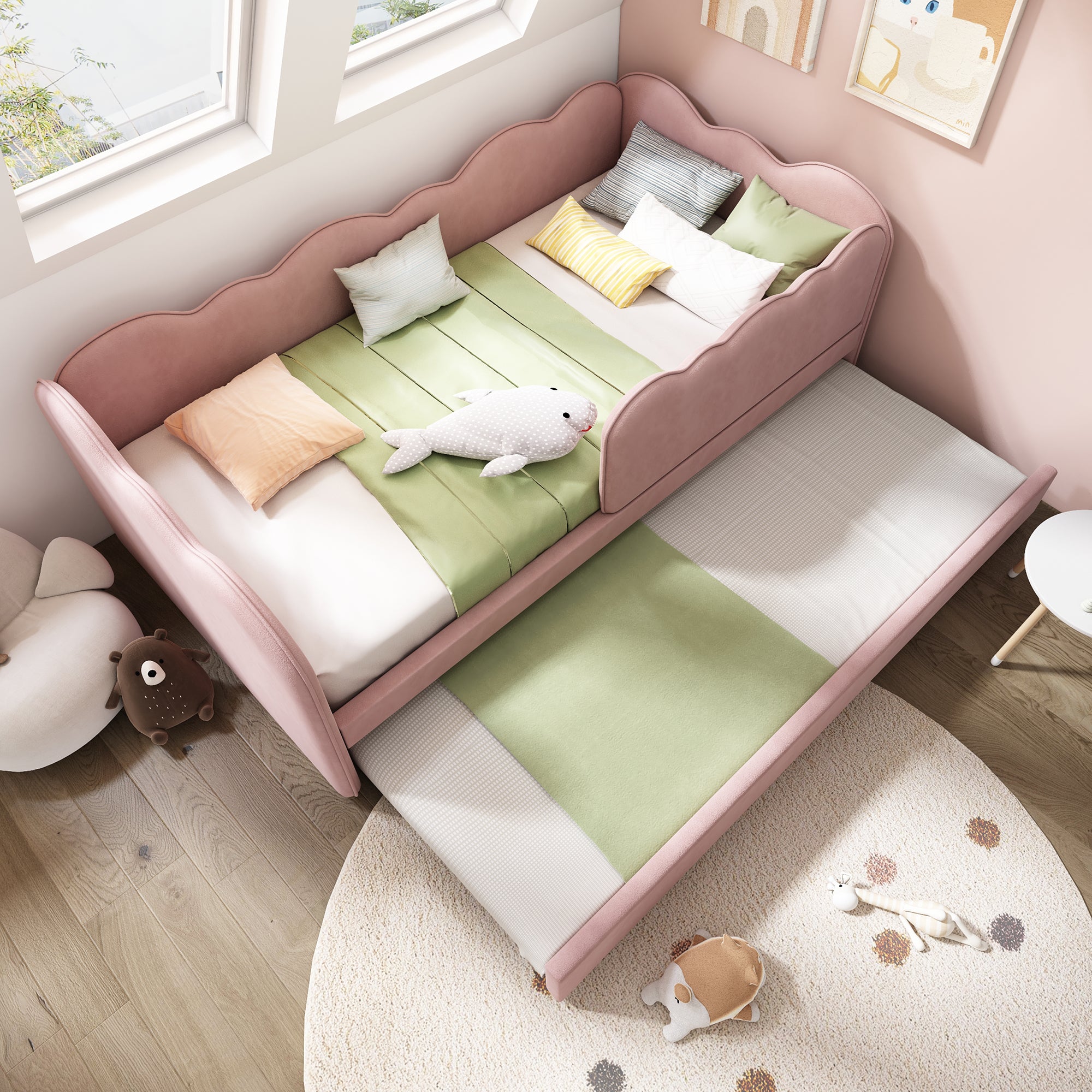 Upholstered Bed Daybed 90x190cm 3FT Single with Pull Out Trundle and Slatted Frame, Velvet Pink