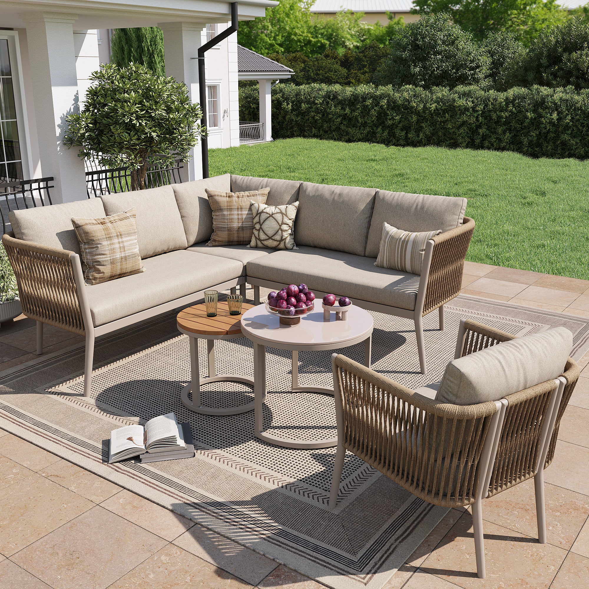 Garden Lounge Set for 5-6 People, 6-Piece Modular Corner Outdoor Sofa with Waterproof Cushions, PE Rattan Beige