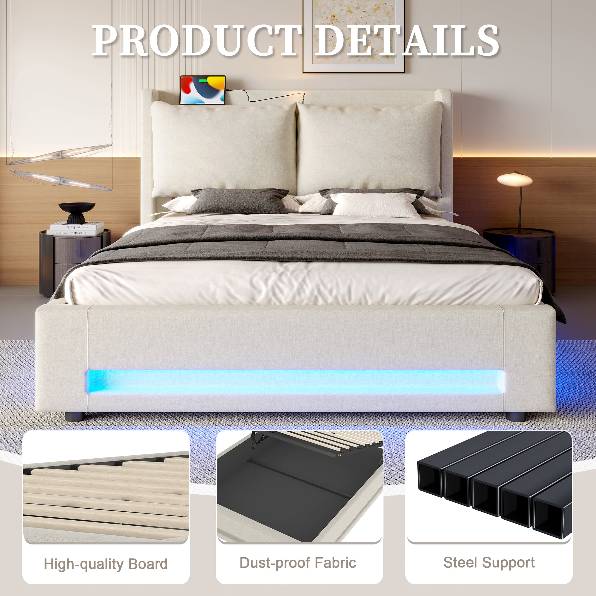 Modern Upholstered Bed with Storage, USB-C, LED, Hydraulic Lift, Velvet