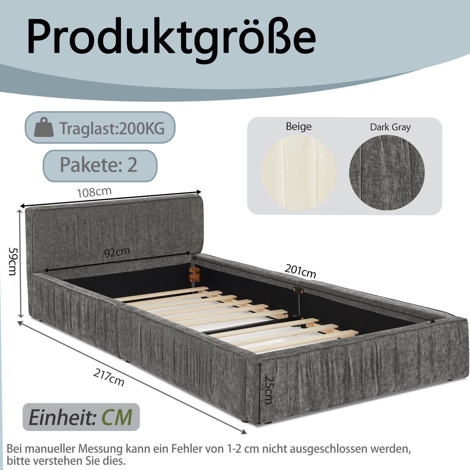 Single Bed 90x200cm Eucalyptus Wood Frame, Chenille Dark Grey
