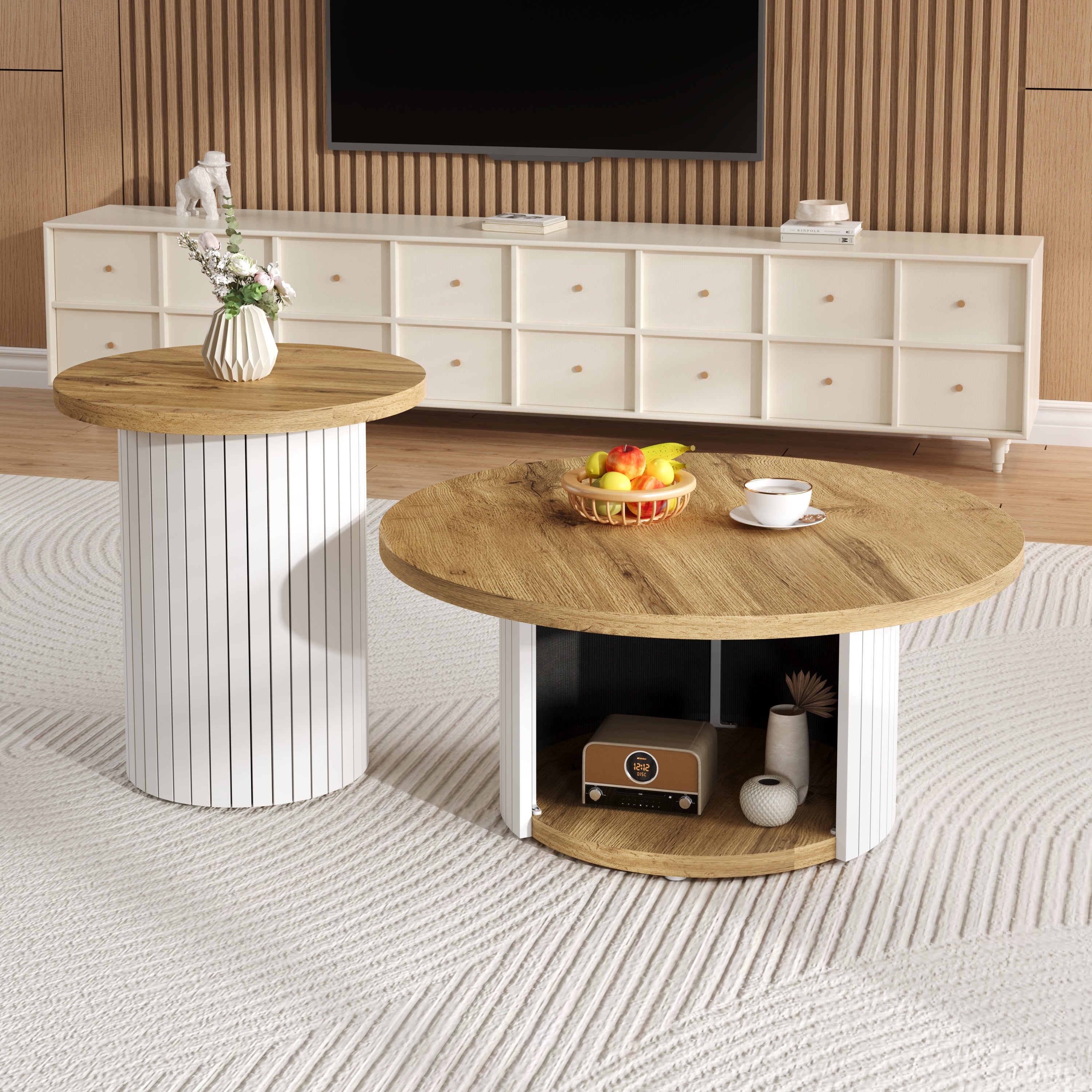 Coffee Table Double Round Multifunctional Natural Wood Slats