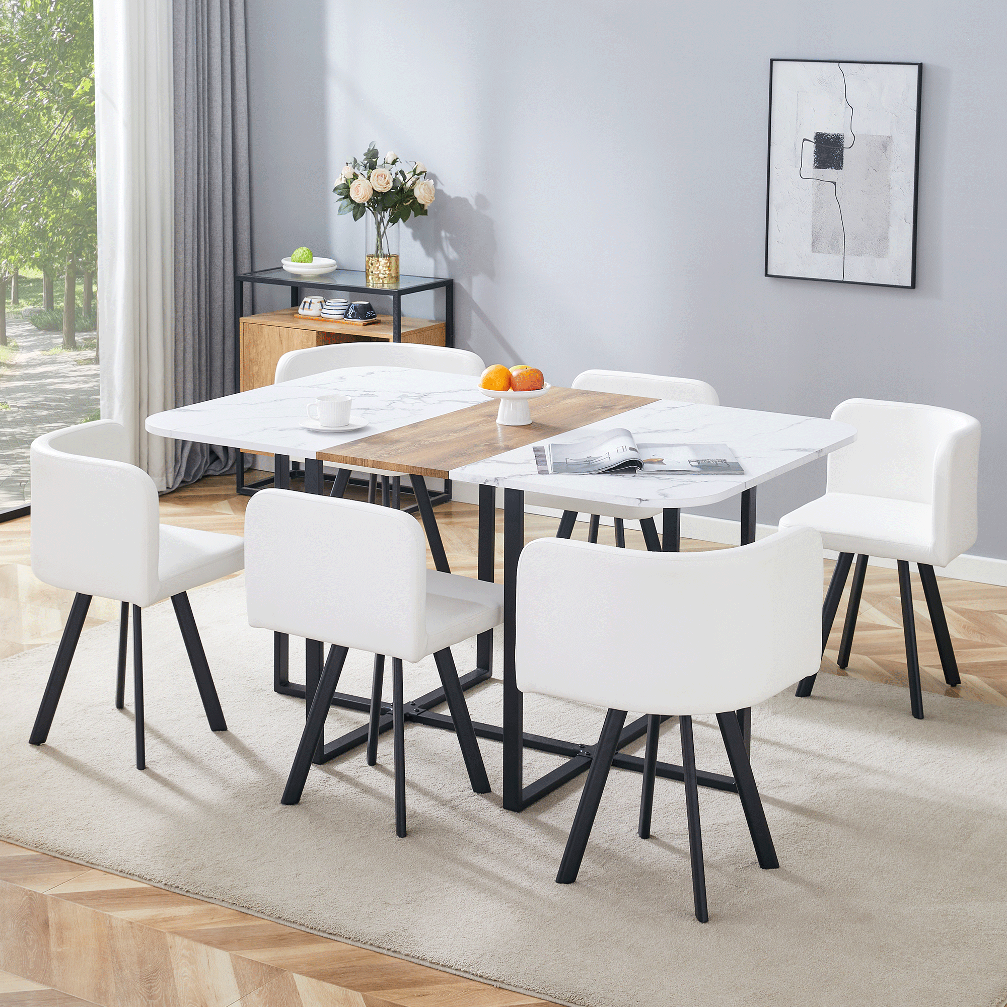 Dining Table Set Extendable Folding Table Chairs 4-6 Person White and Black