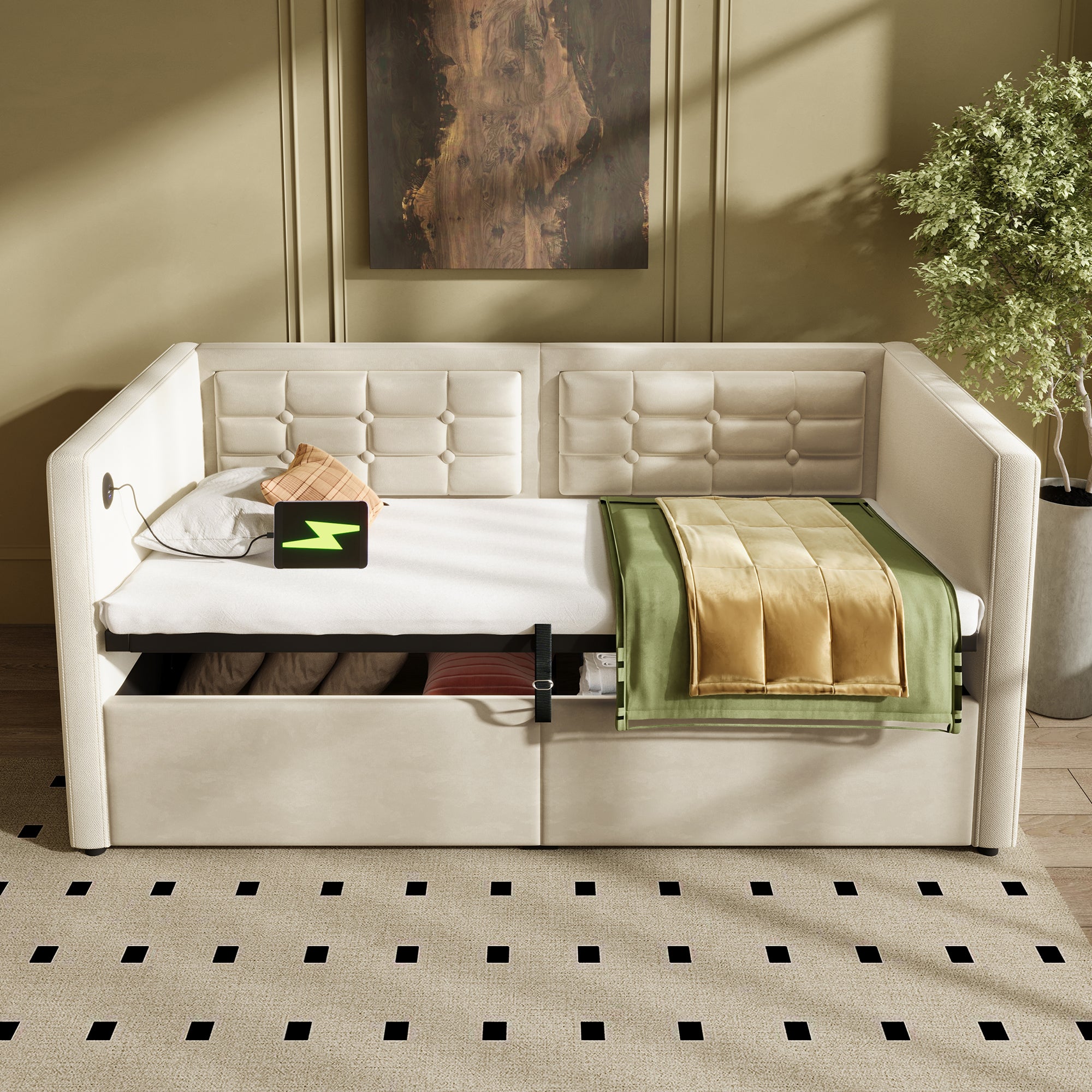 Sofa Bed 90x200cm, Single with Hydraulic Storage & USB/Type-C Charging, Beige Velvet