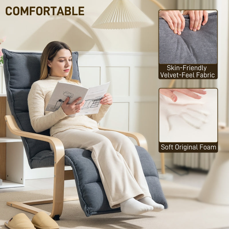 Curved Wooden Accent Chair with Adjustable Footrest, Dark Grey