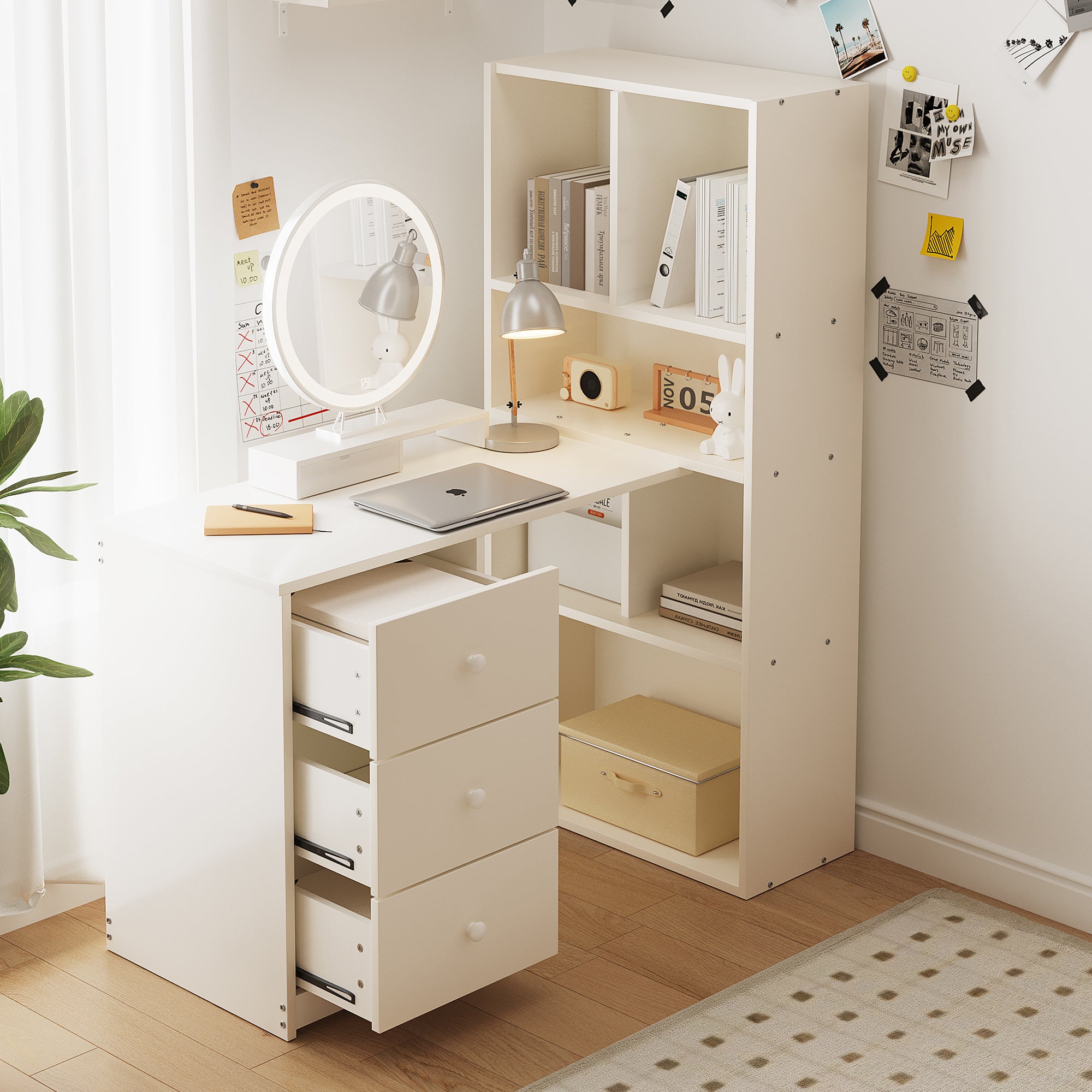 Corner Desk with Bookshelf, 4 Storage and 3 Drawers, White