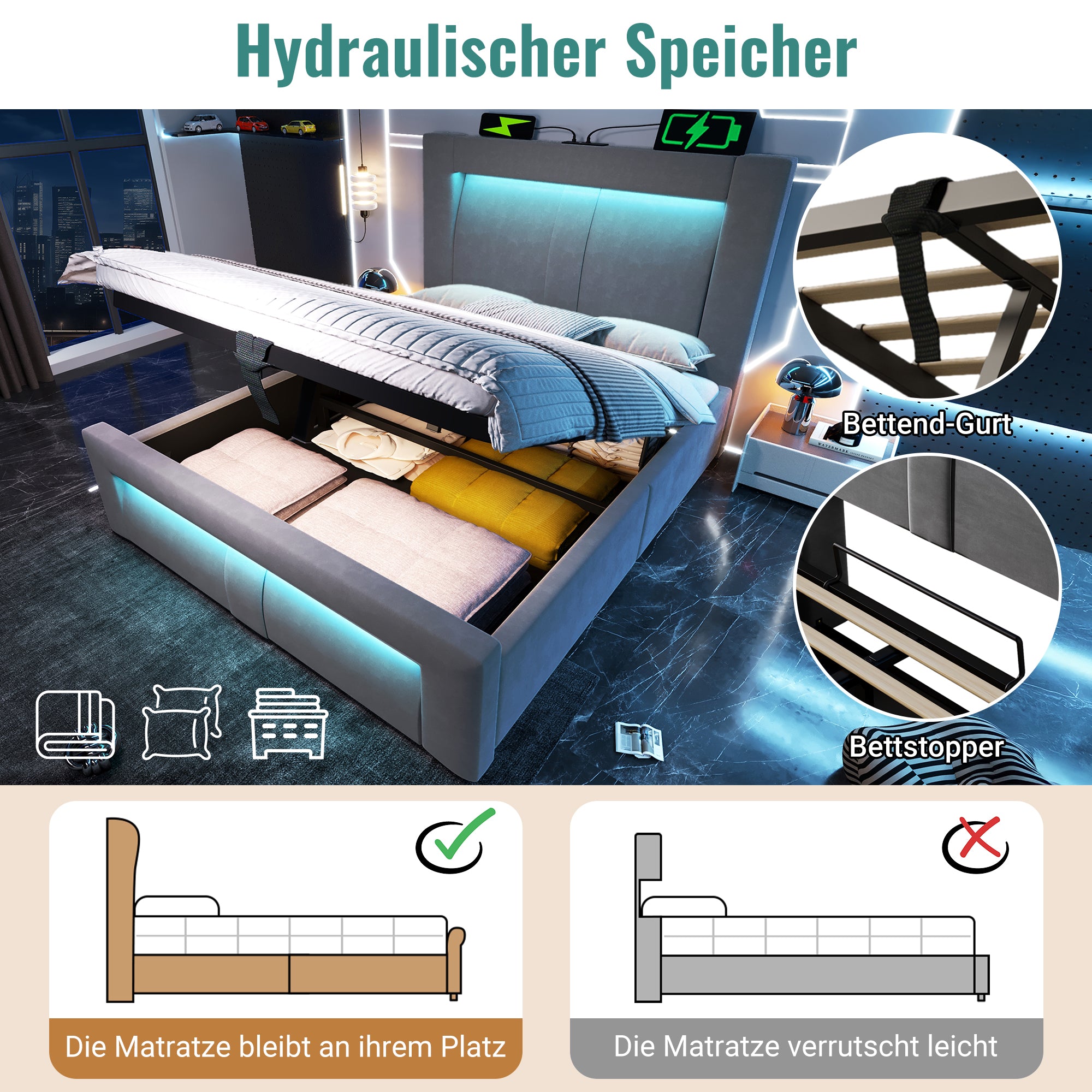 Single Bed 90x200cm Hydraulic Storage LED App USB/Type-C Velvet Grey