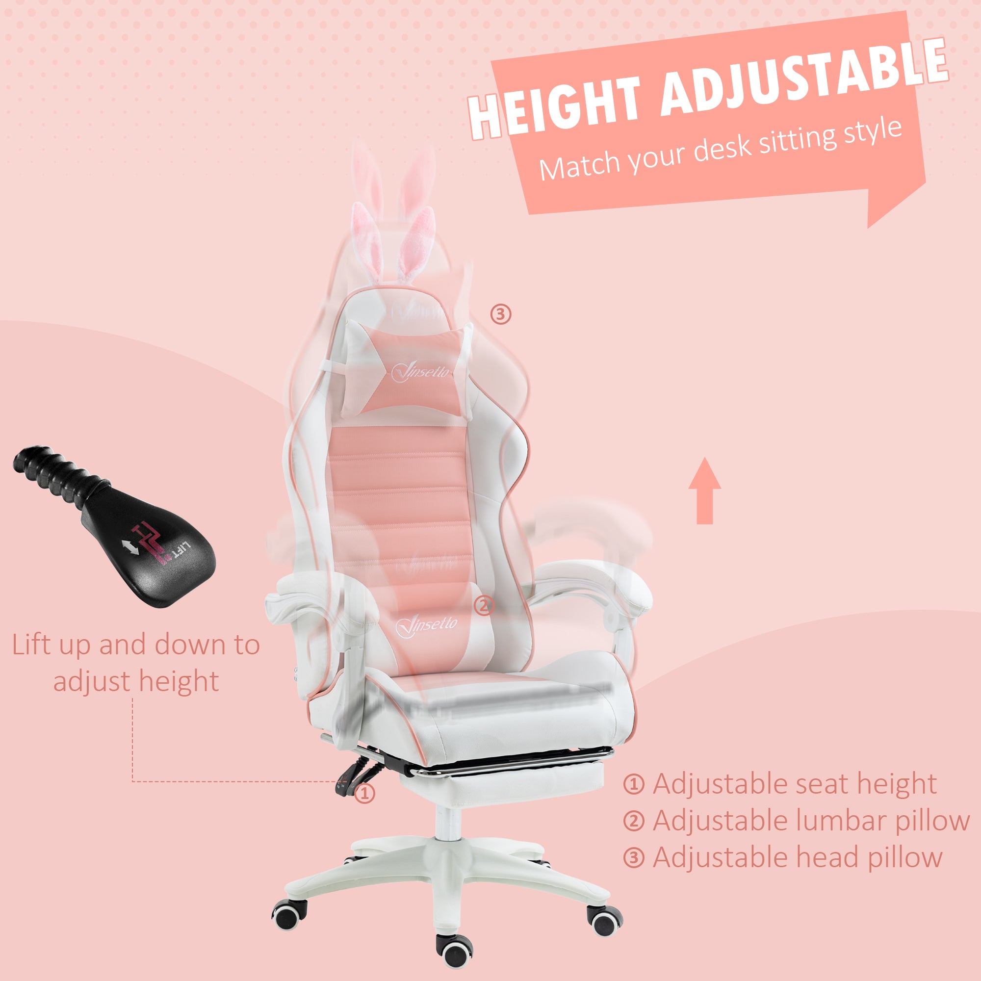 Racing Gaming Chair Reclining with Rabbit Ears Footrest Pink PU Leather