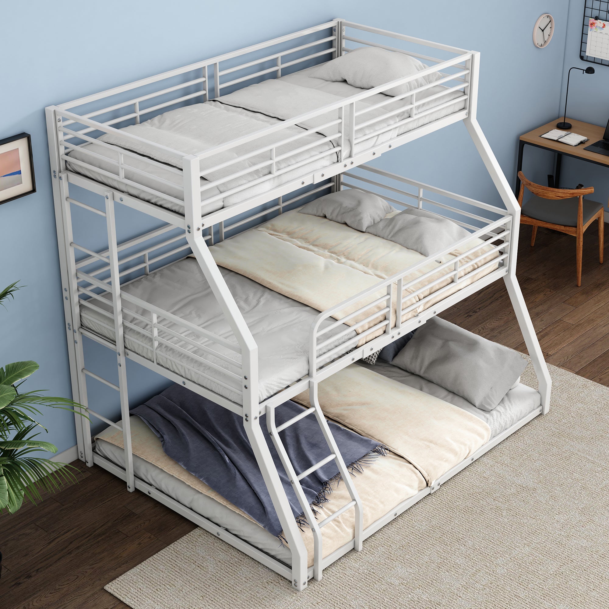 Triple Bunk Bed Metal Frame Multi-Size - White