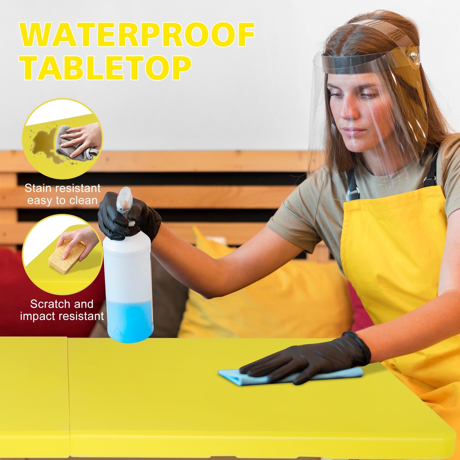 Portable Heavy Duty Folding Table with Handle, Adjustable Height Multi-Functional Table, Yellow