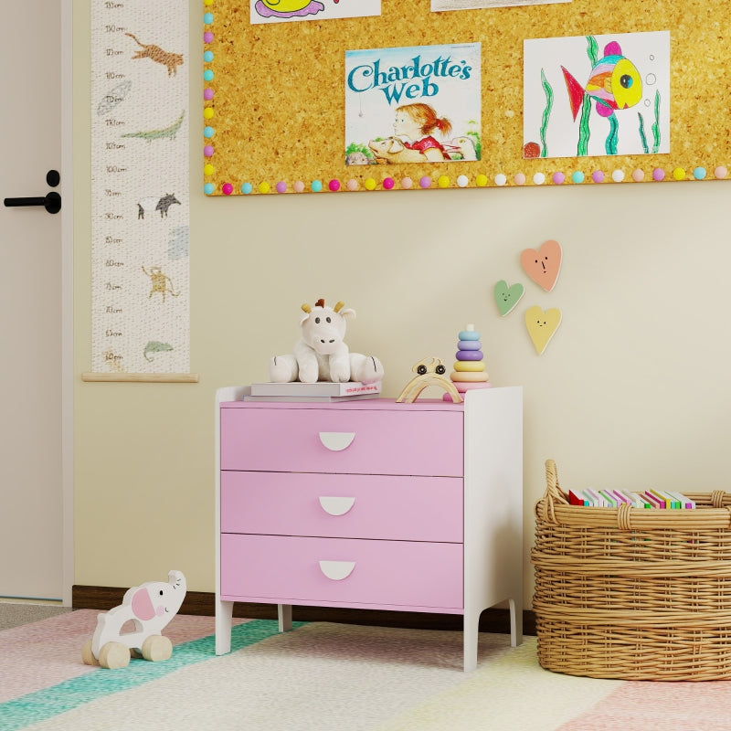 Children's Chest of Drawers, 3-Drawer Storage Cabinet, Pink+White MDF