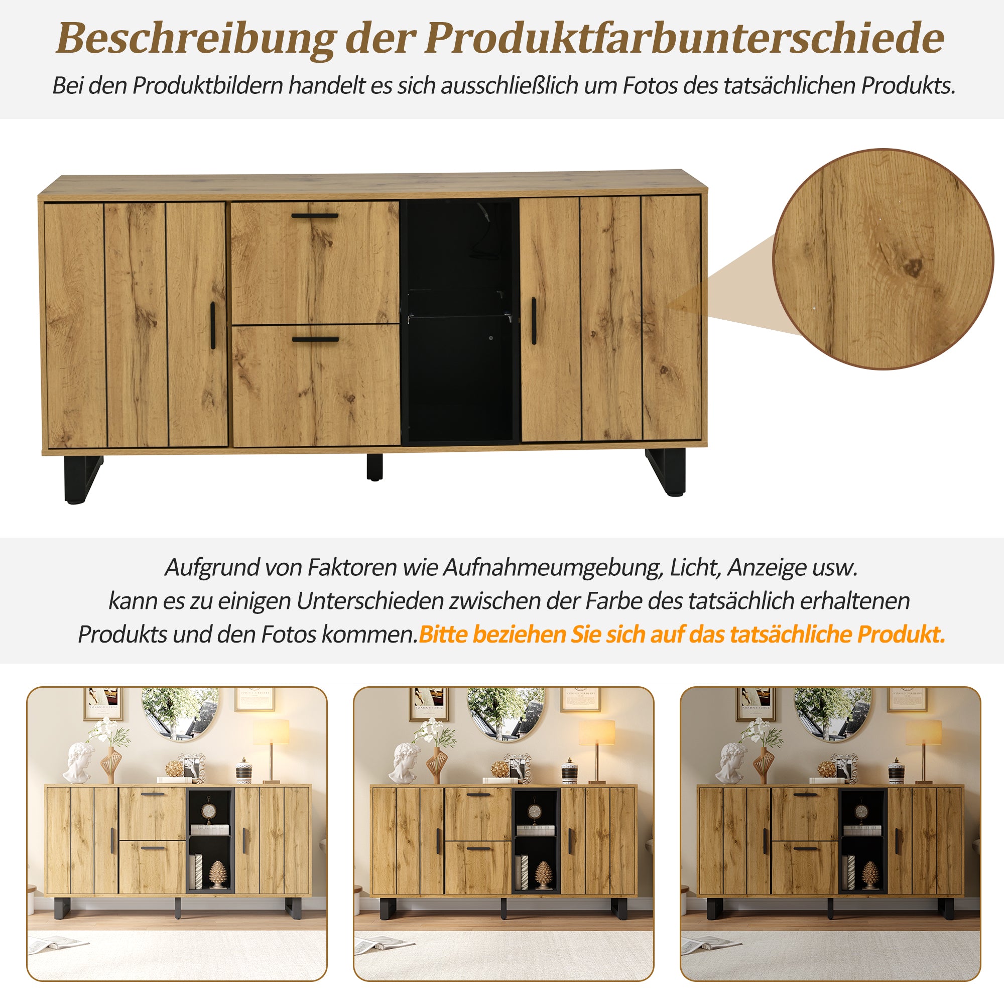 Sideboard 160cm Wide with 2 Drawers LED Light Strip Natural Wood/Black