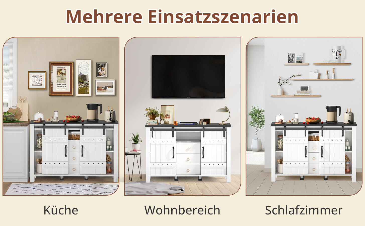 Sideboard Buffet 120cm Sliding Doors 3 Drawers - Rustic White