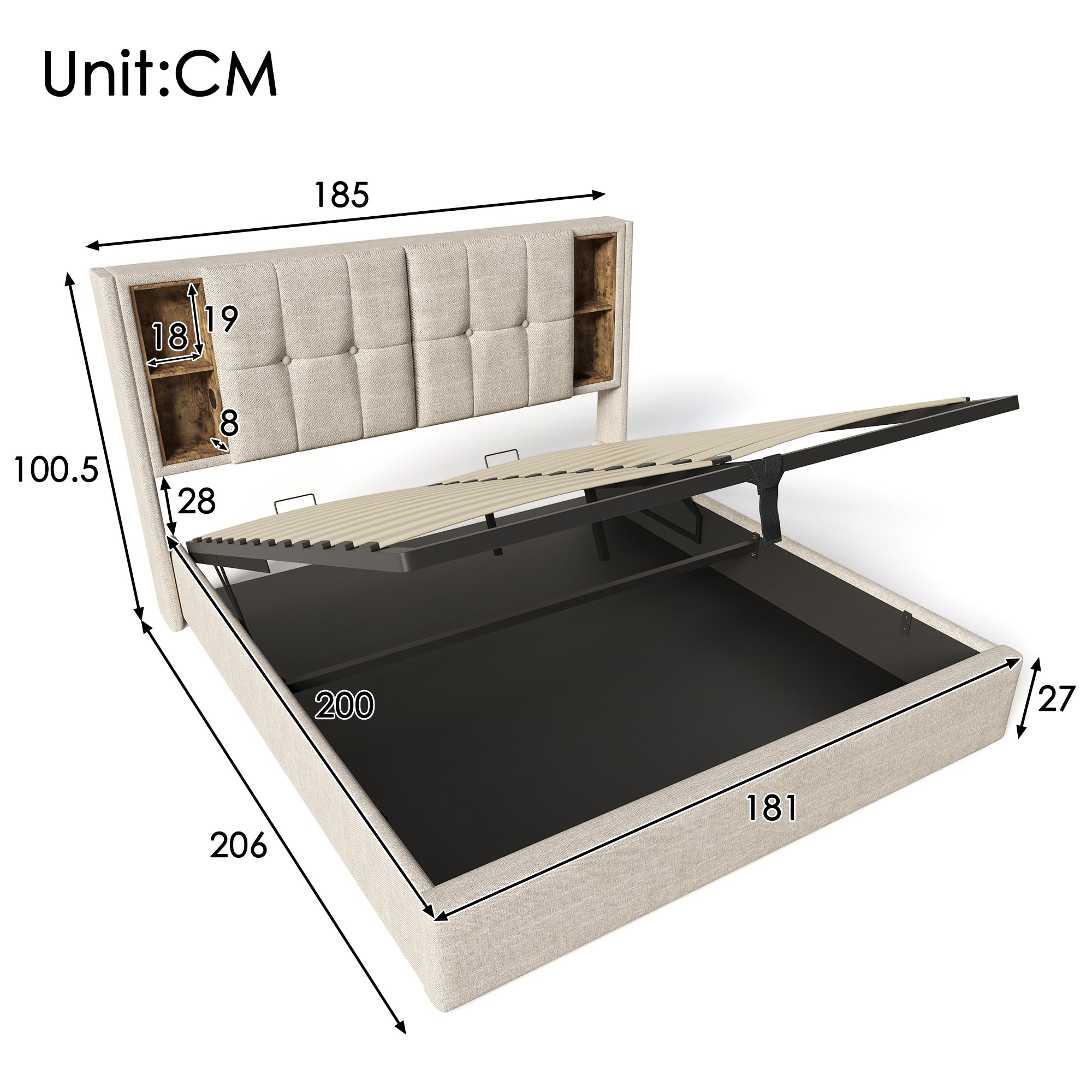 Double Bed with Wireless Charging, Storage, Wood Slats, Natural Linen