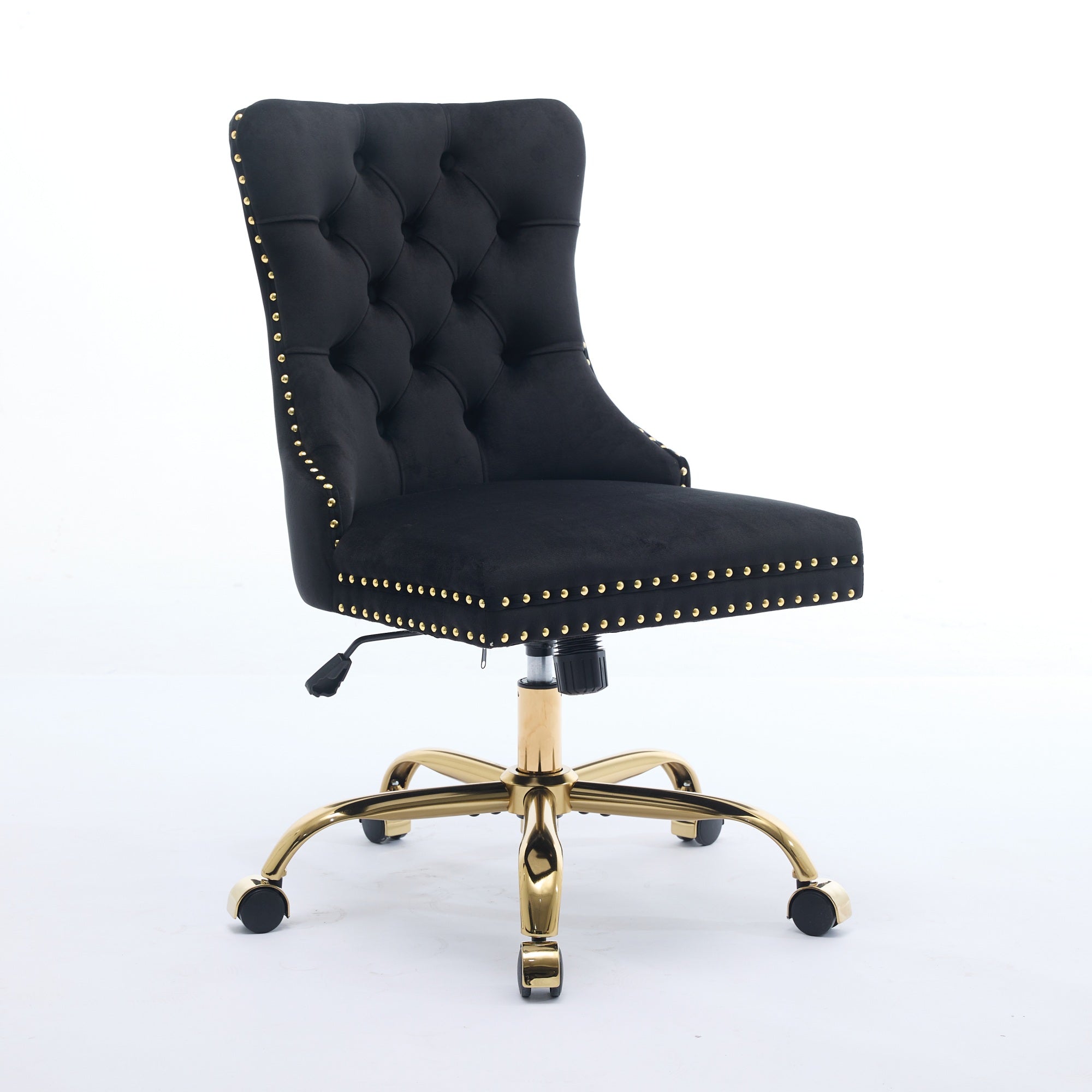 Home Office Chair Velvet Upholstered Tufted Swivel Adjustable Golden Base - Black