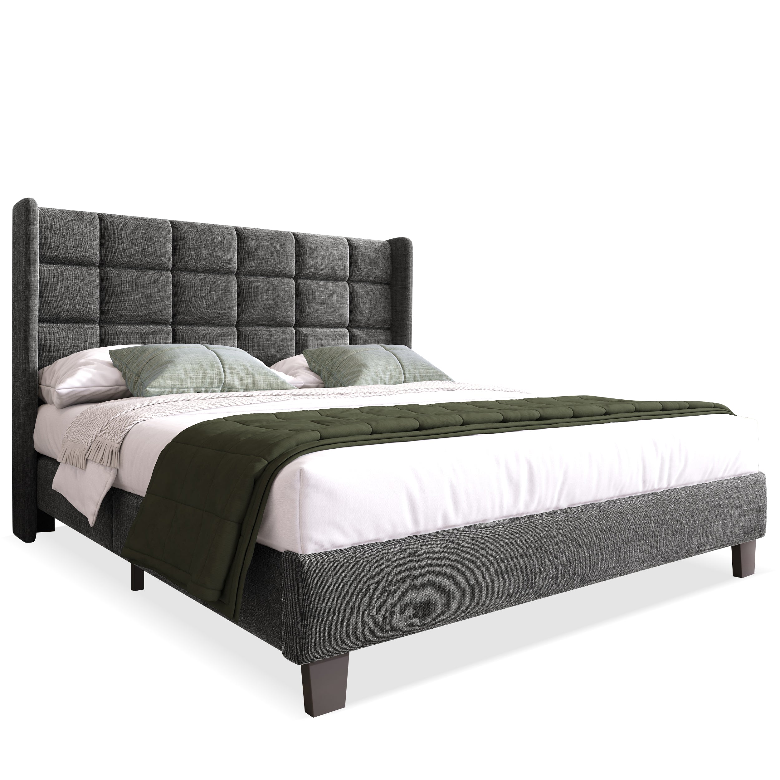 Upholstered Bed with Headboard, Slatted Frame, 140x200cm, Grey Linen