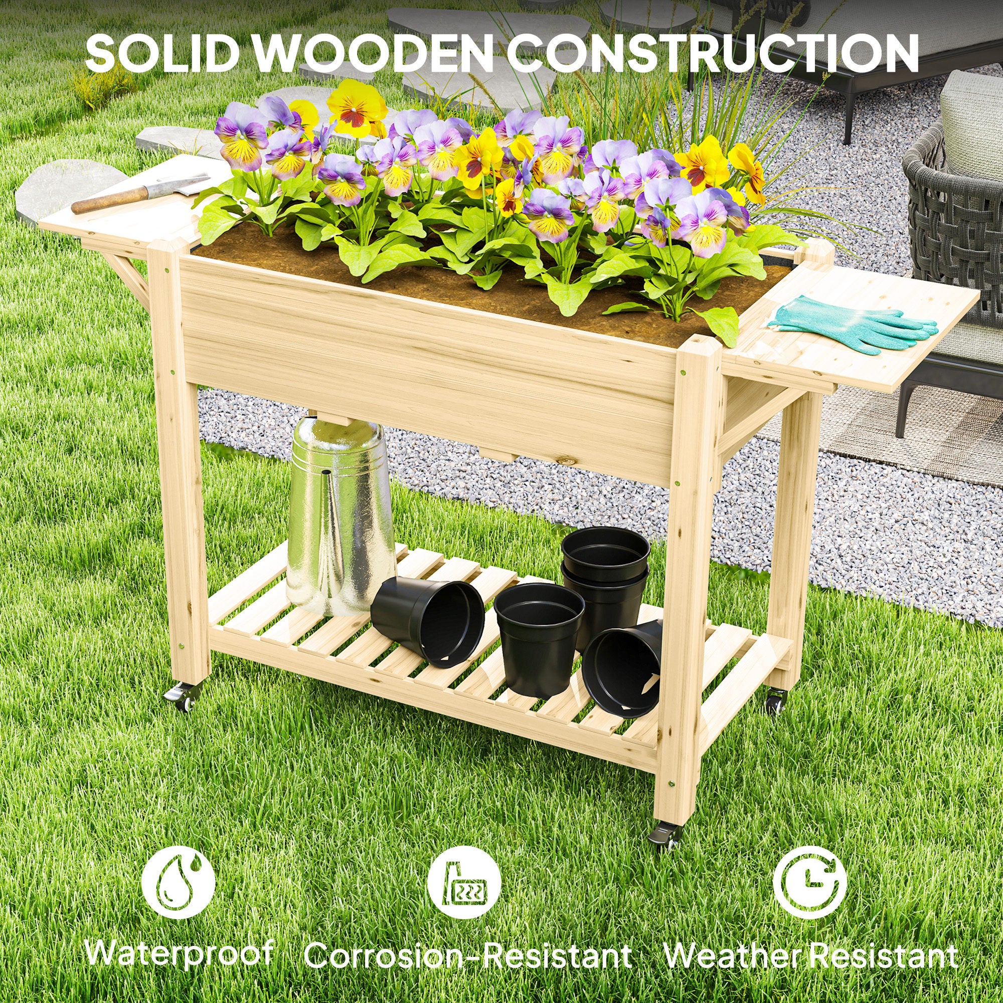 Wooden Raised Planter, 46 x 94cm with Shelves, Natural Finish